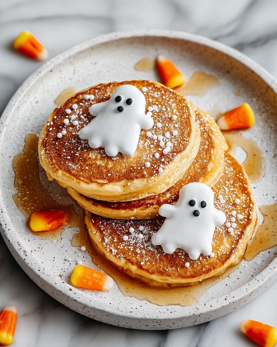 A stack of three thick, round orange pancakes sits on a large white plate with a speckled rim, arranged slightly overlapping each other. The pancakes have a crispy brown surface with soft orange edges visible. Each pancake is decorated with a small white ghost-shaped icing figure with two tiny black eyes. The pancakes are lightly dusted with powdered sugar and tiny white sprinkles scattered over them. Amber syrup pools on the plate around the pancakes and drips slightly from the edges. There are small orange candy pieces scattered around the plate on a white marbled surface, with a grey cloth and a small orange pumpkin partly visible at the top left corner. photo taken with an iphone --ar 4:5 --v 7