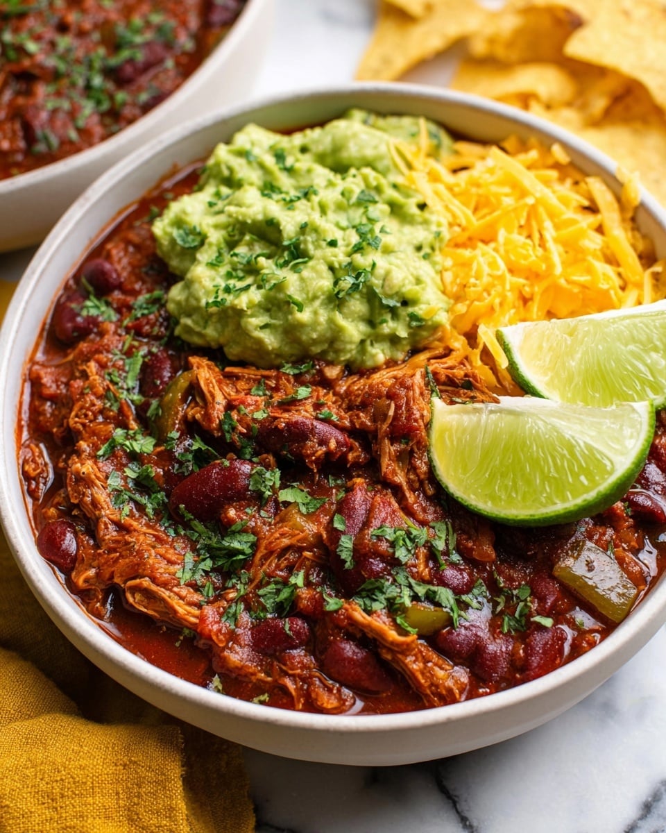 A white bowl filled with thick chili showing dark red kidney beans mixed with shredded meat and small green pepper pieces in a rich red sauce, topped on one side with a pile of bright orange shredded cheddar cheese, and on the other side with a dollop of green guacamole sprinkled with chopped cilantro. Two lime wedges rest on top of the chili near the edge of the bowl. The bowl sits on a white marbled surface with a yellow cloth around its base, and in the background, there is another white bowl with more chili and a few white tortilla chips scattered nearby. Photo taken with an iphone --ar 4:5 --v 7