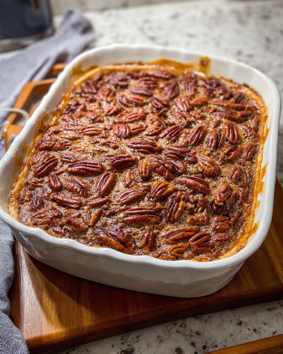 A freshly baked pecan pie sits in a white ceramic baking dish. The pie has one thick layer, with a golden brown, slightly glossy filling topped densely with whole pecans that are deep brown with a textured, wrinkled surface. The crust is faintly visible around the edges, browned and slightly raised. The dish is resting on a wooden board, with a white marbled texture surface in the background. The photo taken with an iphone --ar 4:5 --v 7
