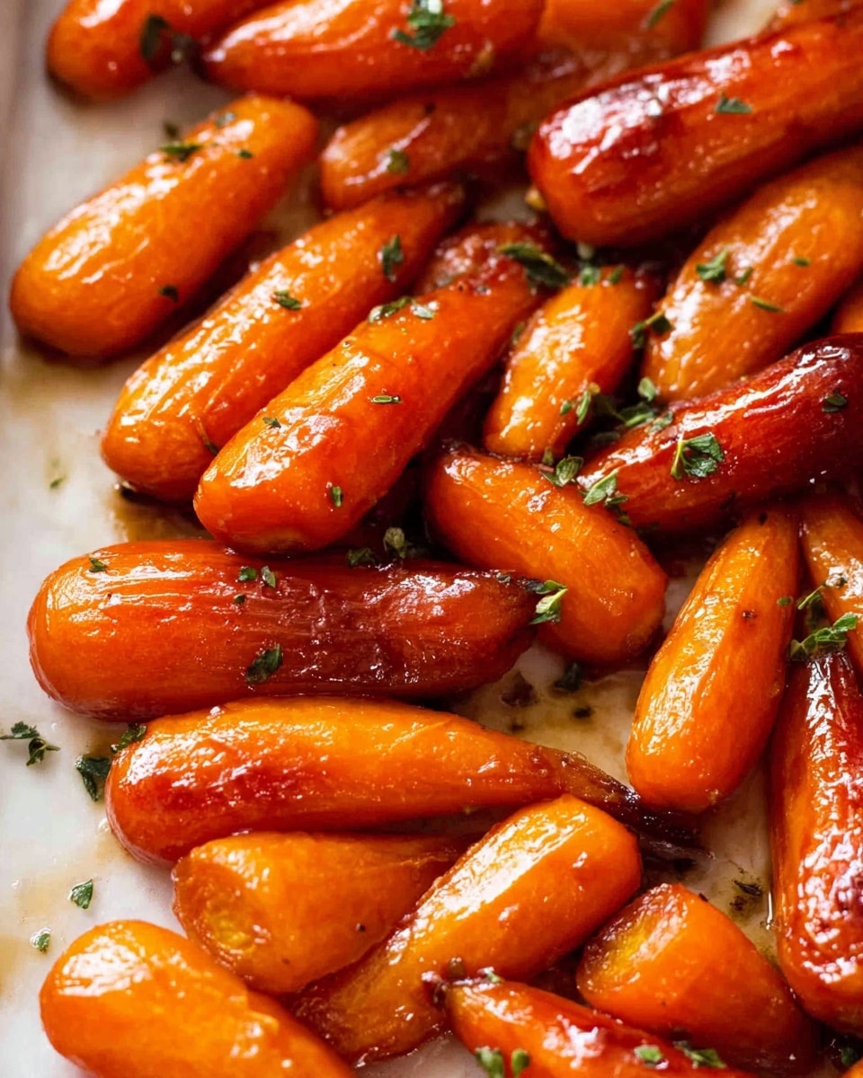The image shows a close-up of roasted baby carrots with a shiny, glazed surface that looks caramelized and slightly browned in spots. The carrots vary in size and are coated in a sticky, glossy orange-brown sauce with small green herb bits sprinkled on top. They are arranged closely together on a white marbled texture surface, which enhances the bright orange of the carrots. The overall texture appears tender and juicy with a mix of smooth and slightly crispy areas. photo taken with an iphone --ar 4:5 --v 7