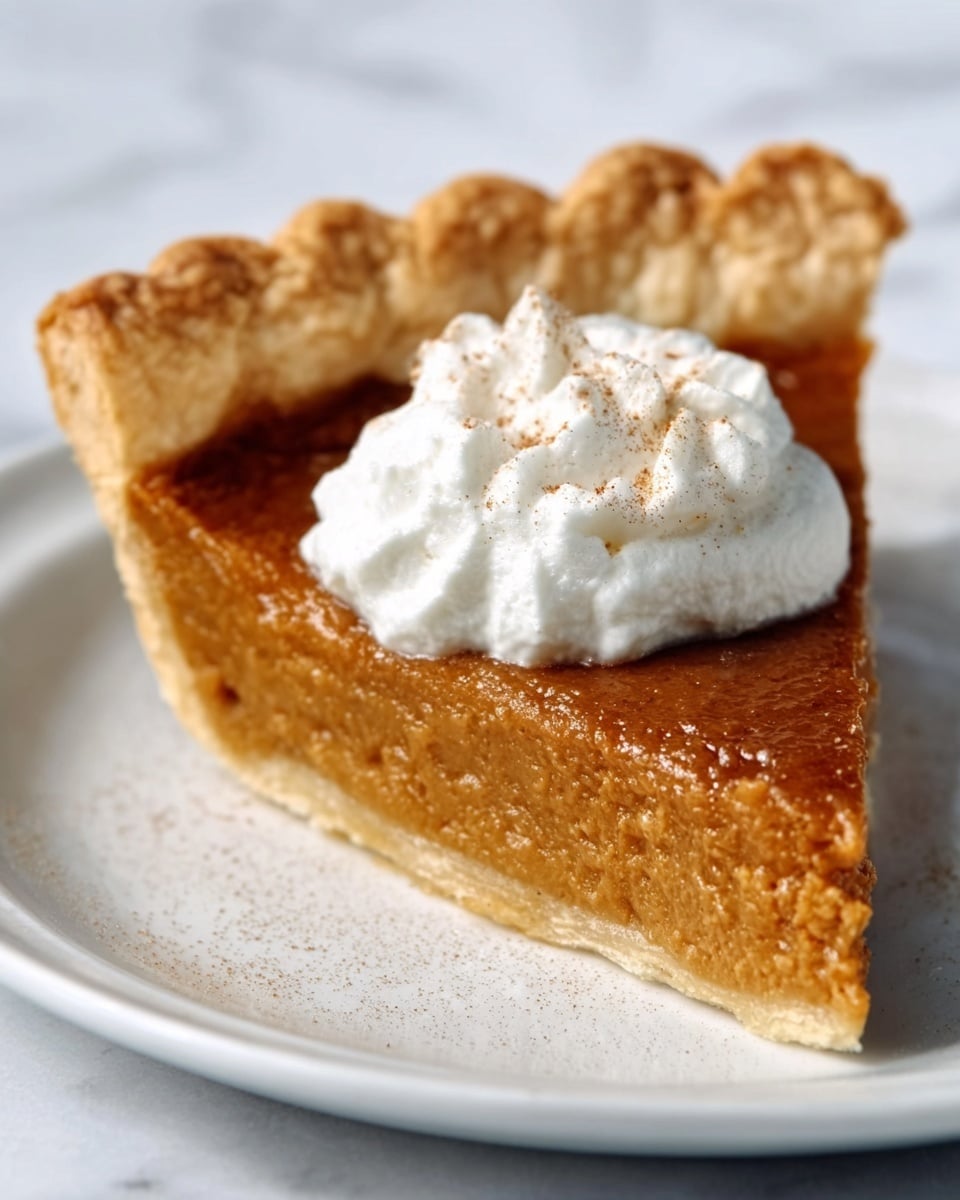A slice of pie is shown on a white plate, placed on a white marbled surface. The pie has a thick, golden brown filling with a smooth texture, topped with a fluffy dollop of white whipped cream sprinkled with a little bit of cinnamon or nutmeg. The crust is light golden and slightly flaky, curling up around the edge to form a raised border. The slice looks moist and rich, with the filling neatly holding its shape. photo taken with an iphone --ar 4:5 --v 7