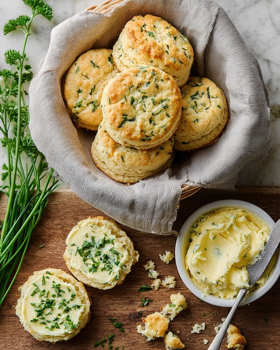 A basket lined with a beige cloth holds a pile of round, golden-brown biscuits with visible layers showing their fluffy texture; each biscuit has small green herb bits on top, giving a fresh look. In front of the basket, there are two biscuit halves laid open on a brown wooden surface, each topped with a thick, pale yellow herb butter that is smooth and sprinkled with green herbs. Next to the biscuits is a white bowl filled with more herb butter, with a small knife resting inside. Some crumbs are scattered around on the wooden surface. A small bunch of fresh green herbs lies beside the basket. The background is a white marbled texture. photo taken with an iphone --ar 4:5 --v 7
