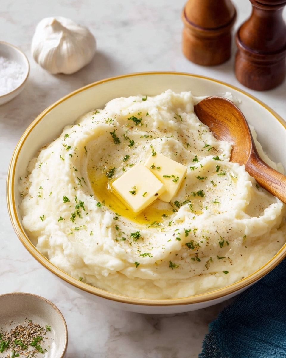 A white bowl with a gold rim holds a large serving of creamy mashed potatoes, smooth in texture with small bits visible, shaped into a slight swirl with a shallow well in the center. In the well, two square pats of melting butter sit atop the light yellow butter puddle, sprinkled with chopped green herbs and small black pepper flakes. A wooden spoon rests inside the bowl on the right side, partially submerged in the potatoes. The bowl sits on a white marbled surface, with salt and pepper shakers, a garlic bulb, and a white cloth softly blurred in the background. Photo taken with an iphone --ar 4:5 --v 7