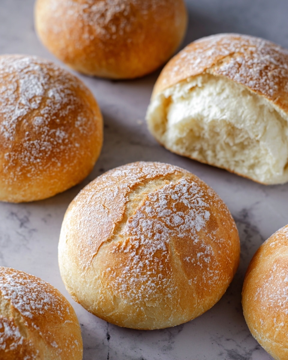 The image shows several round buns with a golden brown crust and a light, slightly cracked sugar topping on each. The buns have a soft and fluffy texture inside, as one bun is broken open to reveal a pale, airy interior. They are placed close together on a white marbled surface, showing a contrast between the warm tones of the buns and the cool light background. Photo taken with an iphone --ar 4:5 --v 7