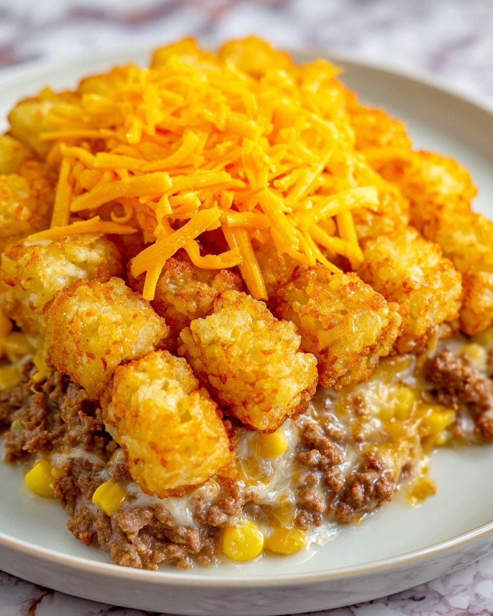 The image shows a rectangular metal baking tray filled with a layered tater tot casserole. The bottom layer is creamy and slightly browned, likely a mix of ground meat and sauce, visible beneath the top. The middle layer is a dense cover of golden-brown, crispy tater tots neatly arranged side by side, giving a textured and rough surface. The topmost layer consists of bright orange shredded cheese lightly scattered over the tater tots, adding a pop of color and a slightly melted look in some areas. The tray sits on a white marbled surface with a soft blurred textile in the background. Photo taken with an iphone --ar 4:5 --v 7