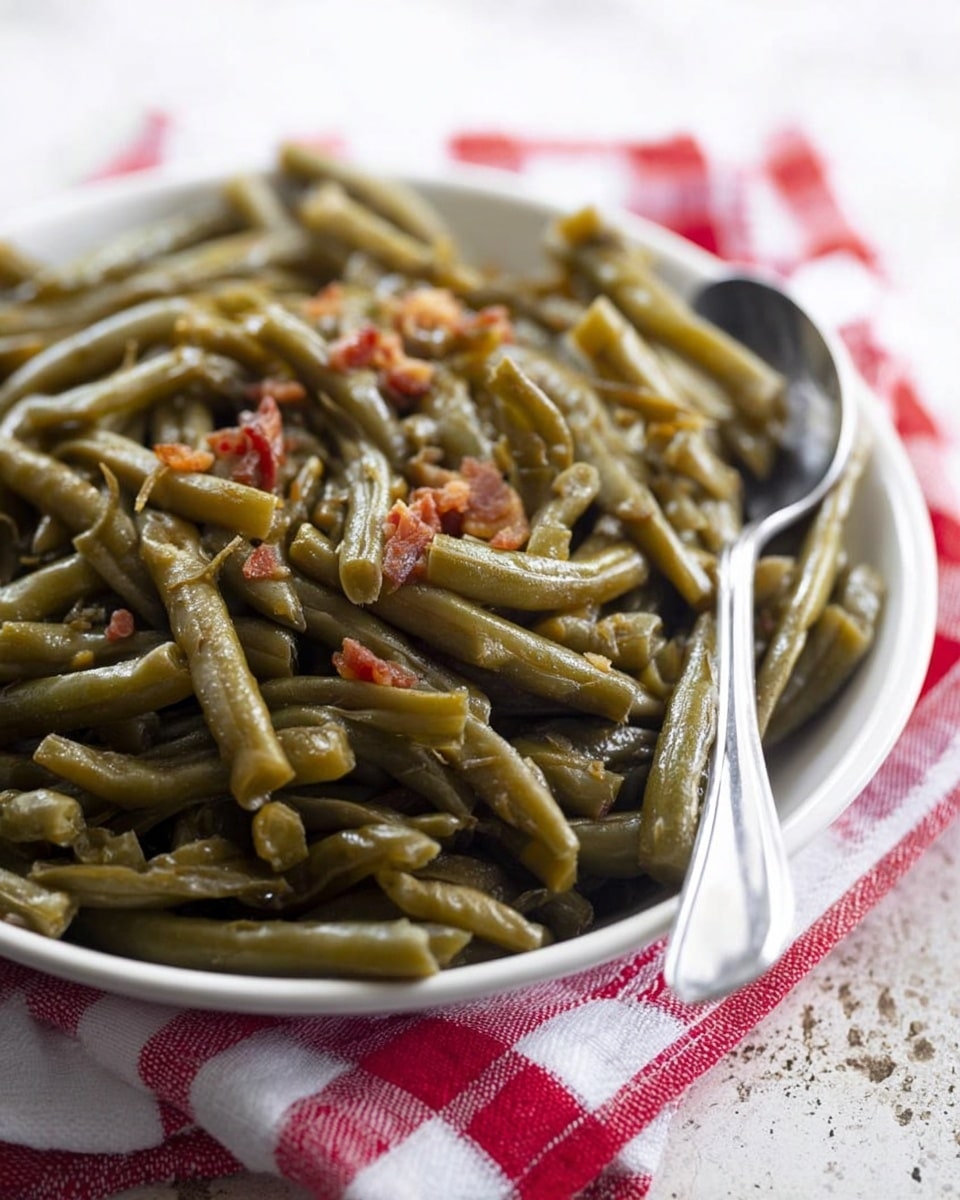 A close-up view of a white plate filled with cooked green beans that have a dull green-brown color and soft texture. Small pieces of light reddish-brown bits are scattered unevenly on top and within the green beans. A silver spoon rests inside the plate on the right side, partially under the beans. The plate is set on a white cloth with red checkered lines, all placed on a surface with a white marbled texture. Photo taken with an iphone --ar 4:5 --v 7