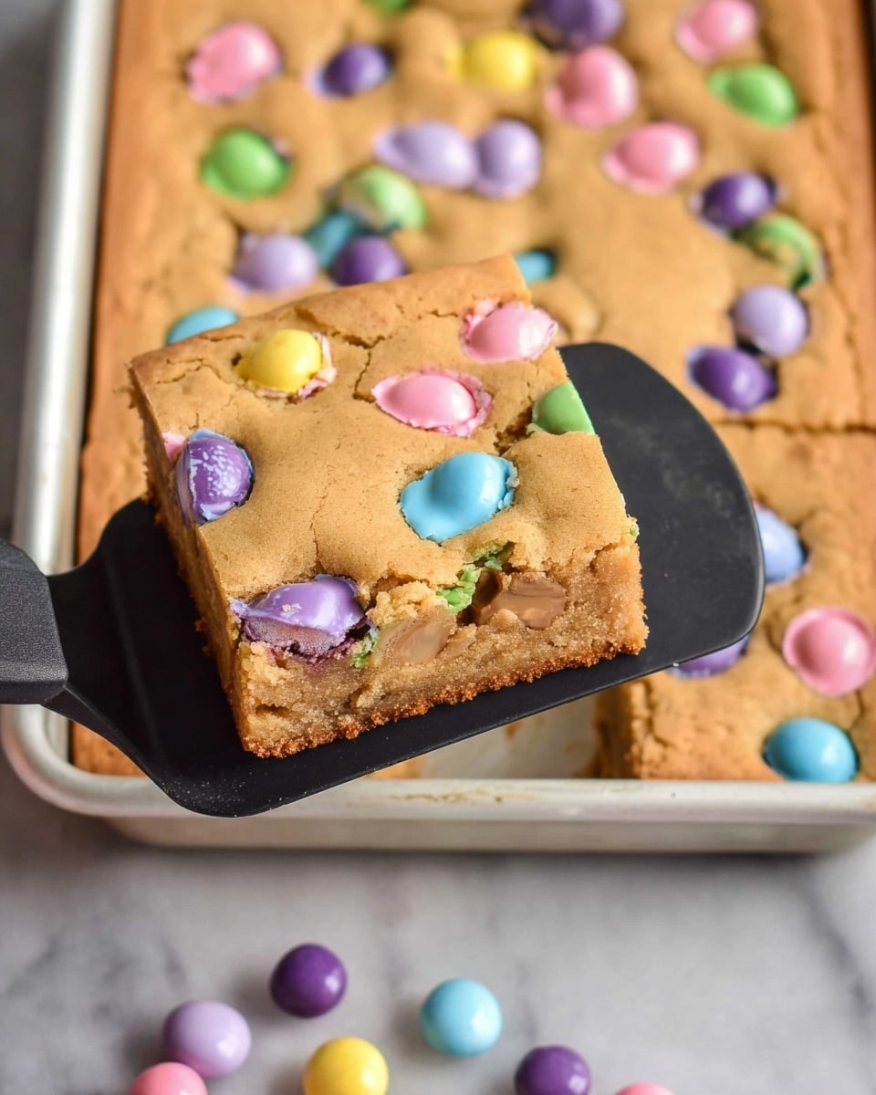A close-up view of three stacked thick cookie bars on a white napkin over a white marbled surface. Each cookie square has a golden, slightly cracked top scattered with pastel-colored candy-coated chocolates in pink, blue, purple, and green. The middle and bottom layers show a dense texture filled with large chunks of dark chocolate and pieces of the candy coating. More cookie bars with similar colors rest blurred in the background on white napkins over the white marbled surface. photo taken with an iphone --ar 4:5 --v 7