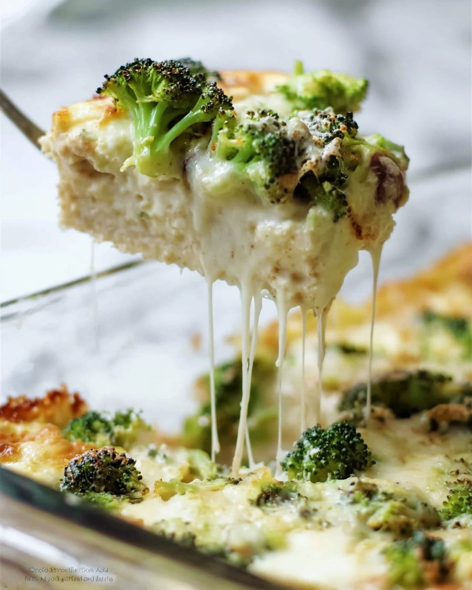 A close-up view of a baked dish showing a creamy white cheese layer melted and slightly browned on top, dotted with large, bright green broccoli florets scattered unevenly. The cheese layer has a smooth texture with some crunchy, golden brown bits mixed in. The broccoli pieces are fresh and textured, adding a vibrant green contrast to the white cheese. The dish is set in a clear glass pan, placed on a white marbled surface. photo taken with an iphone --ar 4:5 --v 7