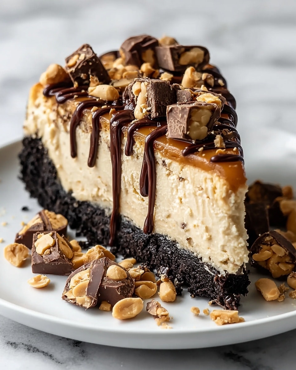 A slice of cheesecake with three main layers is shown on a white plate set on a white marbled surface. The bottom layer is a dark, crumbly crust made from crushed cookies, nearly black in color. The middle layer is thick and creamy with a light beige color, typical of cheesecake. The top layer is a smooth caramel topping, over which dark chocolate drizzle flows down the sides in thin lines. On top, pieces of chopped peanuts and chunks of chocolate candy are scattered generously. Some scattered pieces of peanuts and chocolate candy are also on the plate around the slice. Photo taken with an iphone --ar 4:5 --v 7