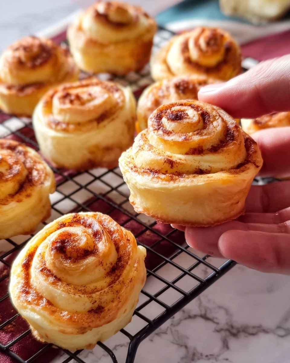 The image shows several small baked rolls with a golden-brown surface and swirled pattern, placed on a wire cooling rack. Each roll has multiple layers of light dough spiraled with a darker seasoning or filling, giving a contrast of light cream and reddish-brown colors. One roll is being held delicately by a woman's hand, highlighting its size and texture. The background is a white marbled surface, adding brightness and contrast to the warm tones of the rolls. photo taken with an iphone --ar 4:5 --v 7