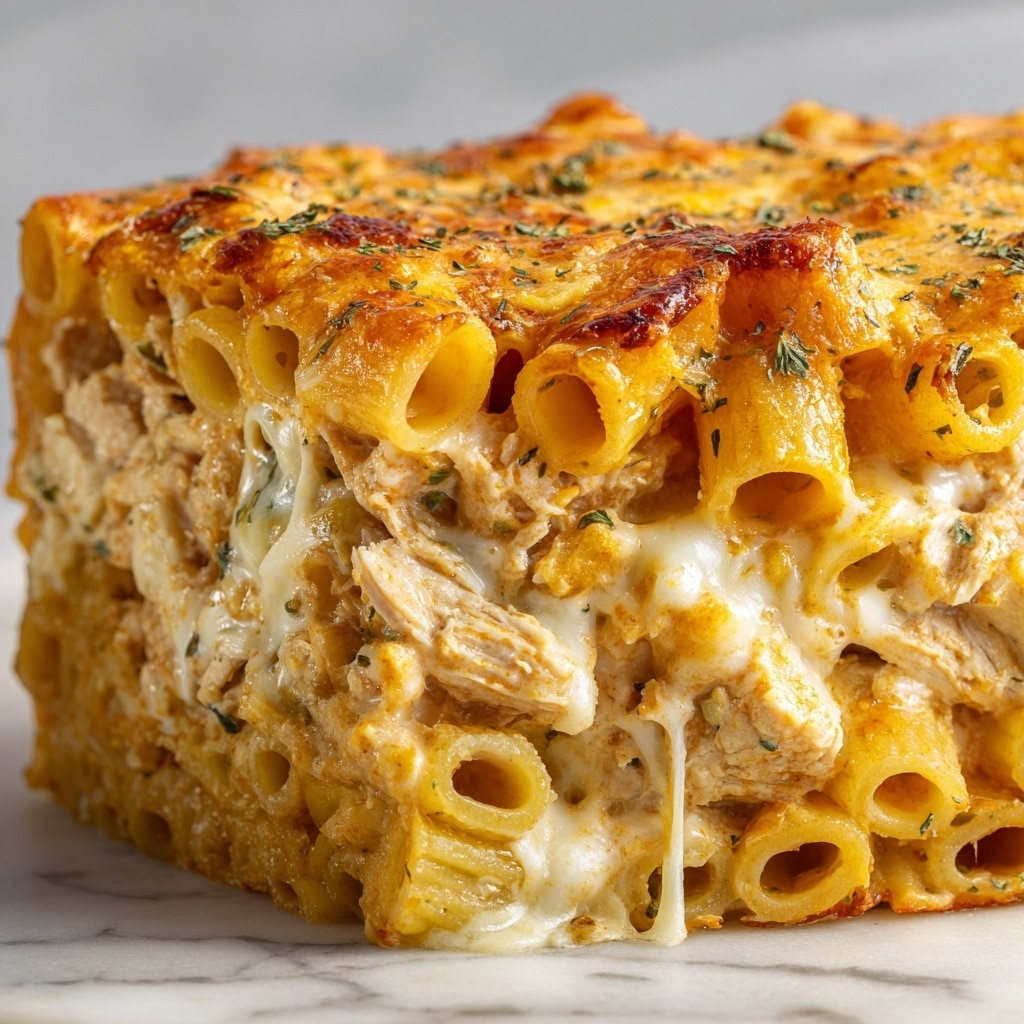 The image shows a close-up of creamy cheesy chicken pasta with three visible layers blended together. The base layer is rigatoni pasta, pale yellow in color with a slightly glossy texture from the sauce. The middle layer is shredded chicken, light brown with soft, fibrous strands mixed evenly through the pasta. The top layer is a thick, orange-tinted creamy sauce coating the pasta and chicken, dotted with small specks of green herbs. The dish is garnished with melted white cheese that looks stringy and gooey, sitting on a white marbled surface. photo taken with an iphone --ar 4:5 --v 7