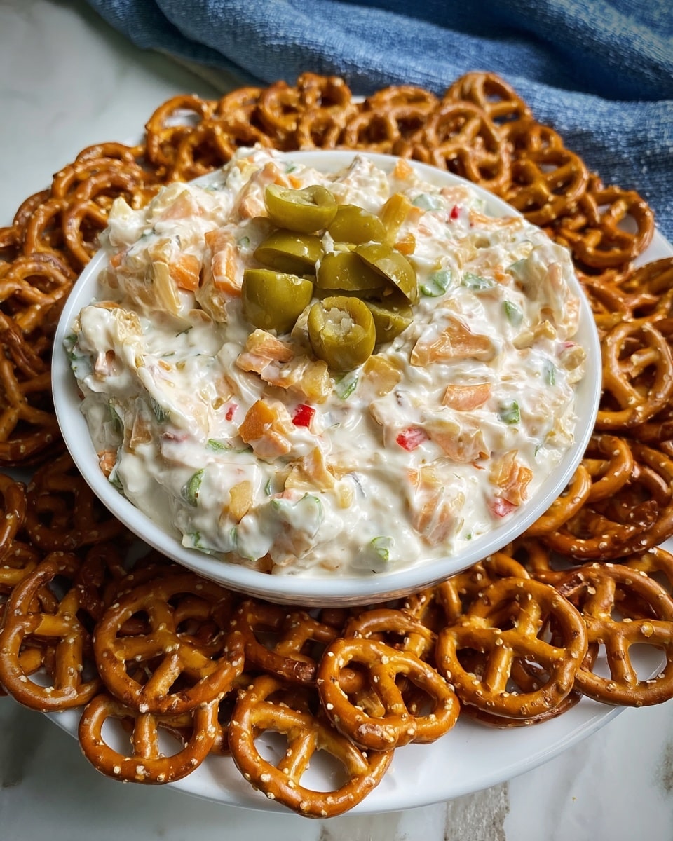 A white bowl filled with a creamy, chunky white dip that has small bits of red and orange vegetables mixed inside and topped with chopped green olives scattered evenly on the surface. The bowl is placed in the center of a round white plate which is surrounded by several round, golden-brown pretzel crackers with a slightly shiny texture. The entire setting is on a white marbled surface. photo taken with an iphone --ar 4:5 --v 7