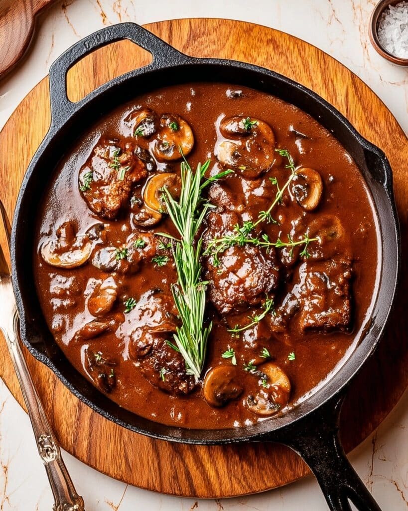 Smothered Braised Round Steak with Mushrooms and Herb Gravy Recipe