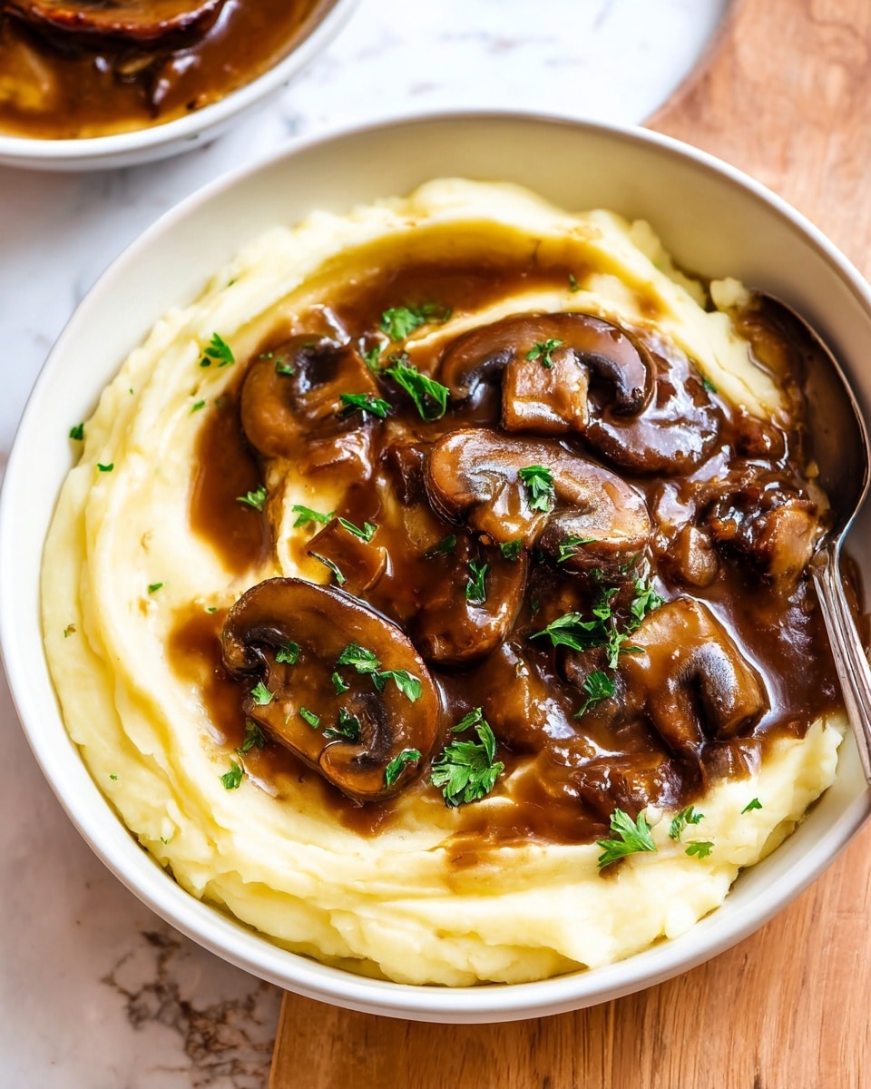 A white bowl holds a dish with two main layers: the bottom layer is creamy, pale yellow mashed potatoes, smooth and thick, swirling around the edges of the bowl, while the top layer features large, brown cooked mushrooms and a thick, glossy brown gravy covering tender meat slices. Small bright green parsley leaves are sprinkled on top, adding a touch of color. There is a metal spoon placed on the right side inside the bowl, and the bowl sits on a light wooden surface that is replaced by a white marbled texture. Photo taken with an iphone --ar 4:5 --v 7