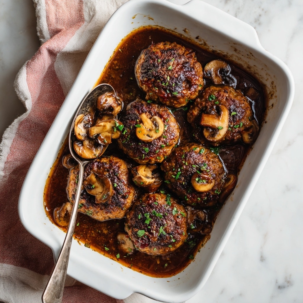 A white rectangular dish holds several cooked steak pieces topped with brown, sautéed mushroom slices scattered across the meat. The steaks have a slightly browned, grilled texture, and a light sauce pools around them in the dish. A woman's hand with red nail polish is placing a green bay leaf on one of the steaks. The background is a white marbled texture. photo taken with an iphone --ar 4:5 --v 7