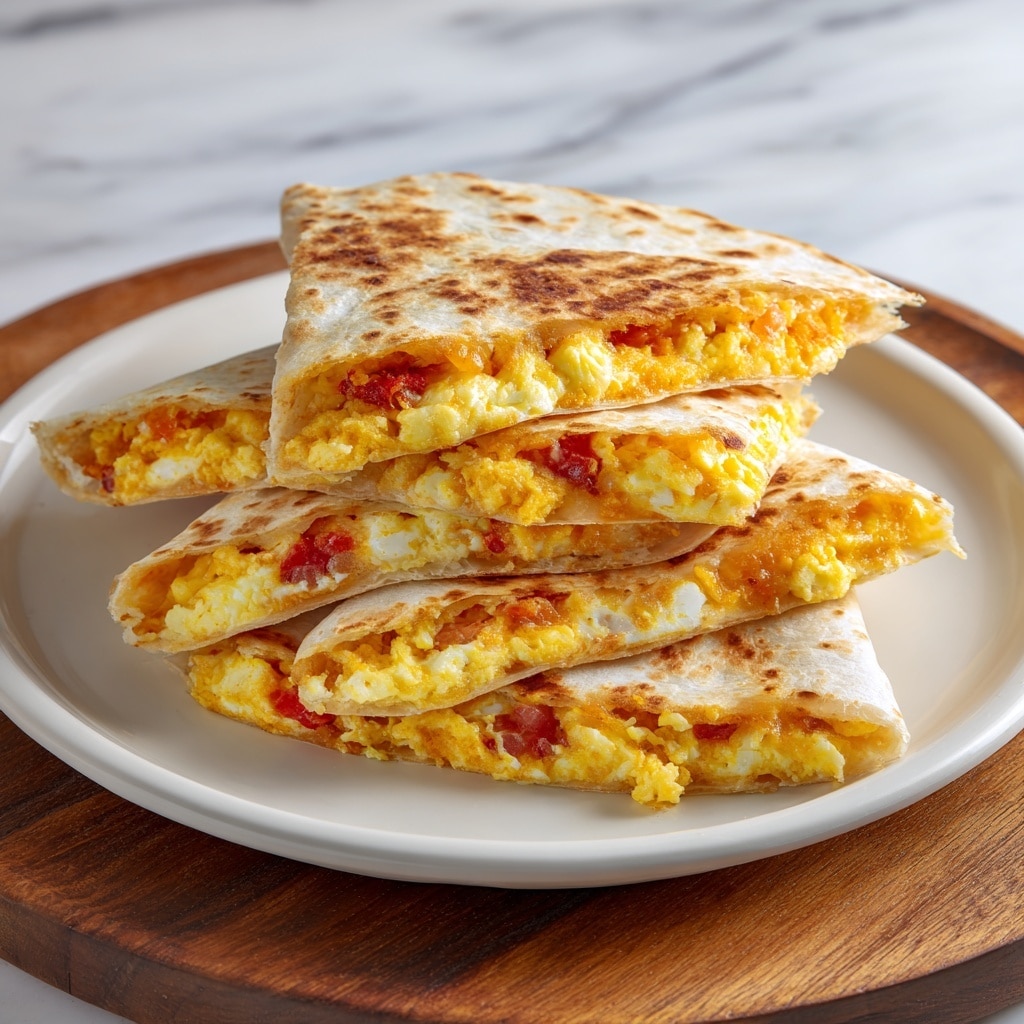 Four folded quesadilla pieces are stacked on a white plate, each showing an inside layer of scrambled eggs mixed with melted yellow cheese and small bits of red tomato and onion. The tortillas are lightly browned, thin, and soft looking, with the egg and cheese filling slightly oozing out. The plate sits on a round wooden board, placed on a white marbled surface in soft lighting. photo taken with an iphone --ar 4:5 --v 7