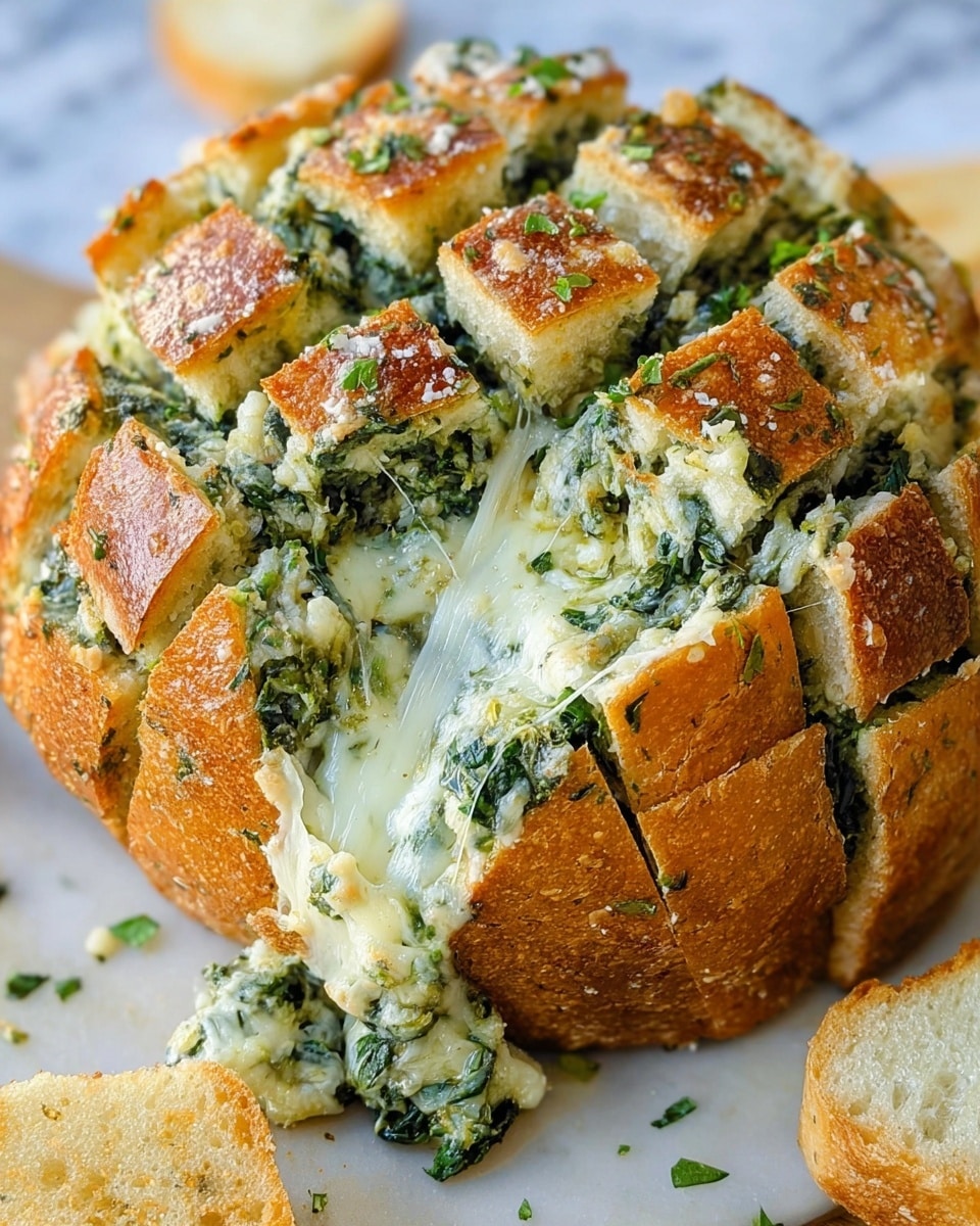 A round bread ball with a golden brown crust is cut into a grid pattern, forming about three layers of thick pieces. Between each cut, there is a creamy filling made of green spinach and melted white cheese, which looks gooey and stringy in the center. Small green herb pieces are sprinkled on top, and the bread's soft white inside contrasts with the crispy crust. The bread sits on a white marbled surface with some bread slices visible around it. Photo taken with an iphone --ar 4:5 --v 7