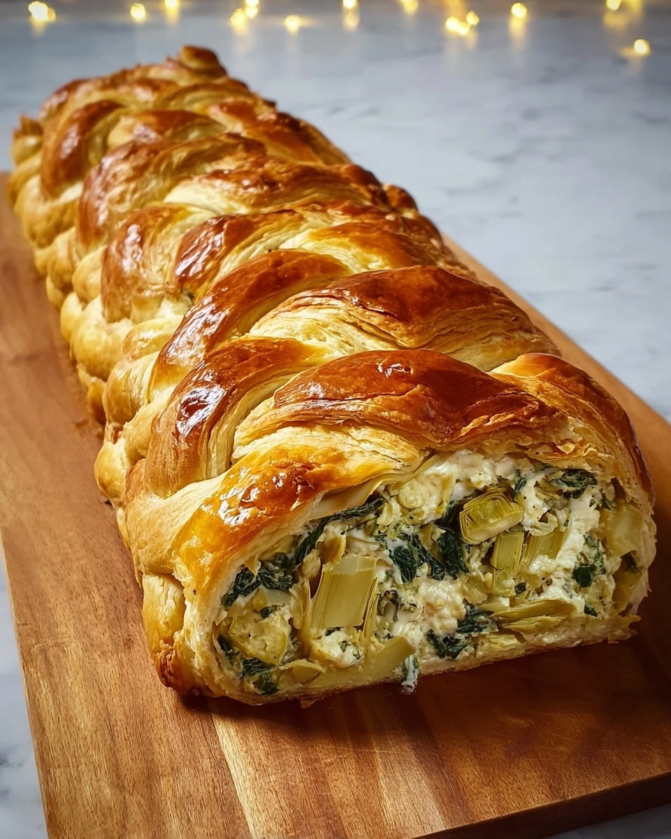 A close-up view of a golden brown braided puff pastry bread, sliced to show the inside filled with creamy white cheese mixed with green chopped spinach and artichoke pieces. The pastry has a shiny, flaky top with diagonal braided strips that give a textured pattern. The filling is thick and packed tightly inside the pastry, contrasting with the crispy outside. The bread is placed on a wooden cutting board with a white marbled texture behind it. Photo taken with an iphone --ar 4:5 --v 7
