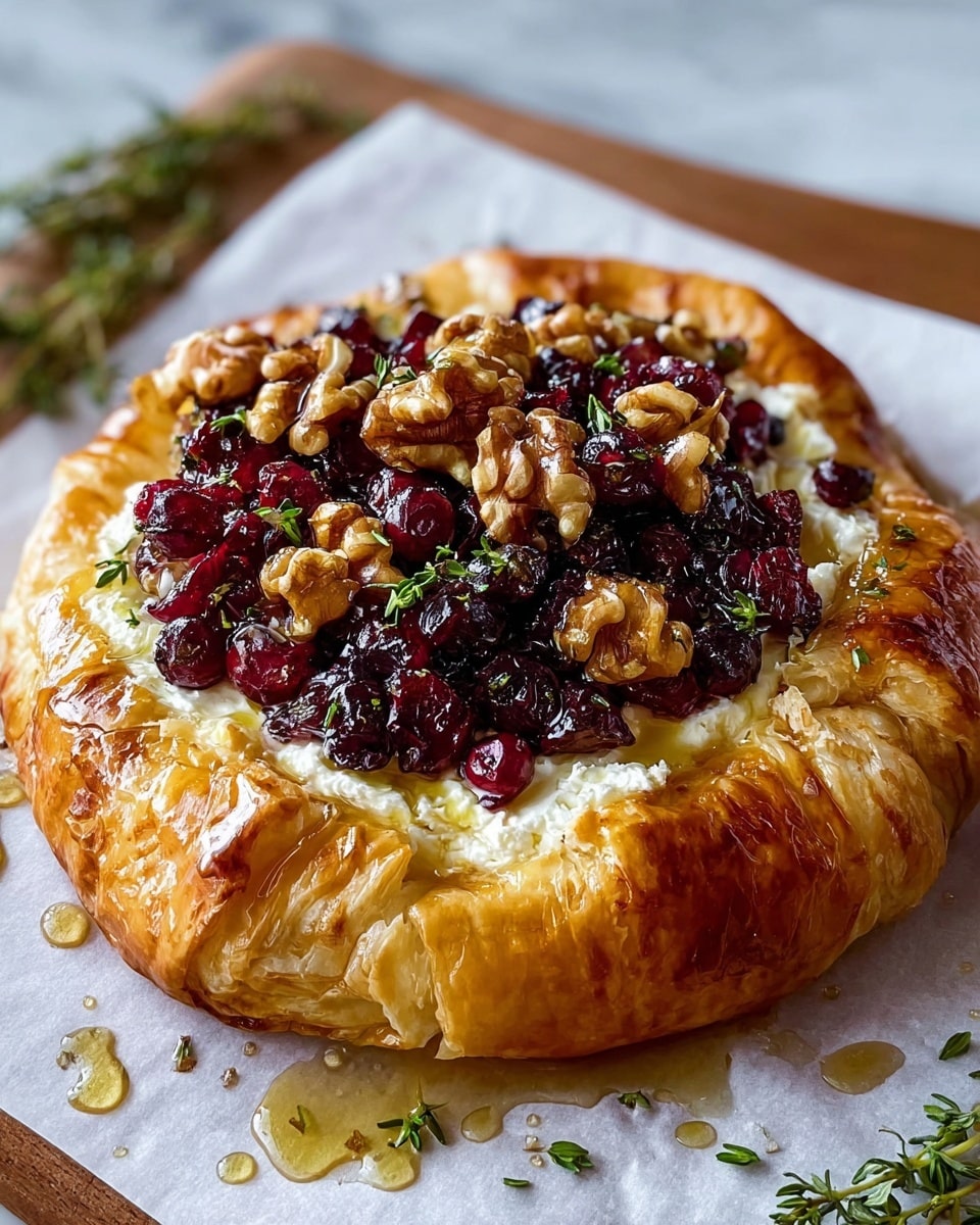 The image shows a golden brown puff pastry tart with a glossy finish. It has one thick base layer of fluffy, flaky pastry with slightly raised edges folded inward. On top, there is a creamy white cheese layer peeking out beneath the topping. The center is covered with a mix of dark red berries and toasted walnuts scattered generously, adding texture and color contrast. Small sprigs of fresh green herbs are placed among the berries and nuts, adding a touch of freshness. The tart is placed on a piece of parchment paper on a white marbled texture. Photo taken with an iphone --ar 4:5 --v 7