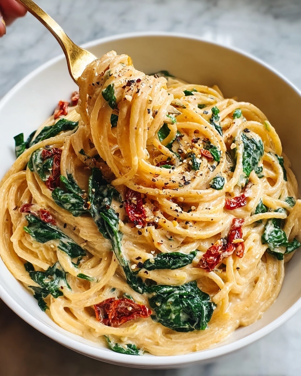 A white bowl holds a creamy pasta dish with thick, long spaghetti noodles coated in a rich, pale yellow sauce. Mixed throughout are bright green spinach leaves and small pieces of red sun-dried tomatoes, adding color and texture. The top of the pasta is sprinkled with cracked black pepper, creating dark specks against the creamy sauce. The pasta is neatly twirled into a small mound at the center of the bowl, showing the layers of noodles and greens. The bowl is placed on a white marbled surface. photo taken with an iphone --ar 4:5 --v 7