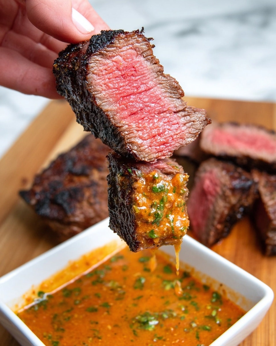 A close-up image shows a small sandwich held by a woman's hand with a white marbled background. The sandwich has three main layers: a soft, golden-brown top bun with small green herb specks, beneath it a thin layer of cooked onions that appear slightly caramelized and glossy, and a thick, juicy slice of medium-rare steak with a dark seared crust and a pink center. In the background, there are more similar sandwiches resting on a wooden board, slightly out of focus. Photo taken with an iphone --ar 4:5 --v 7