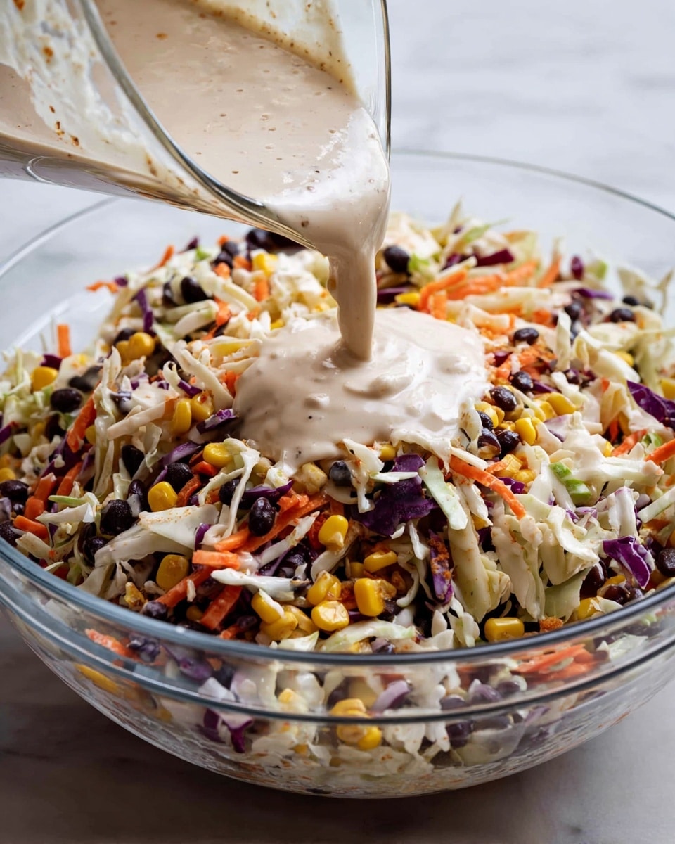 A clear glass bowl filled with a colorful mix of shredded white and purple cabbage, small bright orange carrot pieces, yellow corn kernels, and black beans is shown. A creamy, pale beige dressing is being poured from a clear measuring cup into the center of the vegetable mix, creating a thick, smooth pool on top. The vegetables are cut into small, even pieces giving the salad a textured, fresh look. The background shows a smooth white marbled surface. photo taken with an iphone --ar 4:5 --v 7