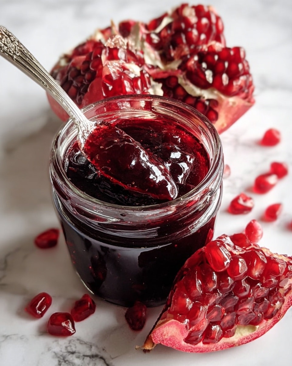 A clear glass jar filled with thick, dark red pomegranate jelly, with a shiny silver spoon partially dipped into the jelly, showing its thick texture. Behind the jar are pieces of opened pomegranate fruit revealing bright red seeds with a glossy surface and some loose seeds scattered around. Everything sits on a white marbled surface, creating a clean and fresh look. Photo taken with an iphone --ar 4:5 --v 7