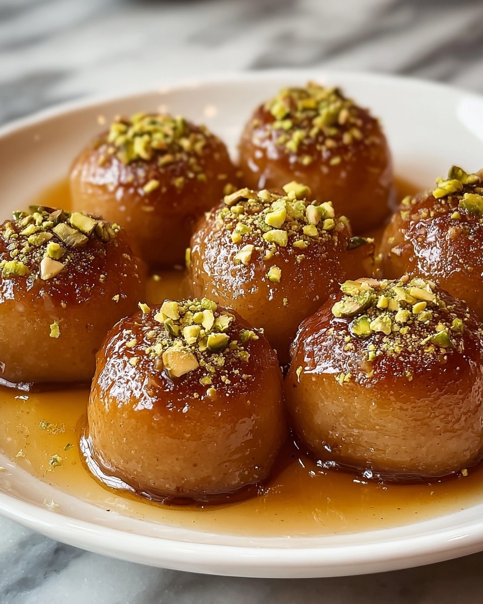 The image shows round golden-brown sweets arranged closely on a white plate with a glossy syrup glaze that makes them shiny. Each sweet is topped with small pieces of green pistachio nuts and sprinkled with finely crushed nuts, adding texture on the surface. One sweet in the front is cut open, revealing a thick, creamy white filling inside, contrasting with the amber outer layer. A few nuts and drips of syrup lie on the plate around the sweets. The background is blurred, focusing attention on the food placed on a white marbled surface. photo taken with an iphone --ar 4:5 --v 7