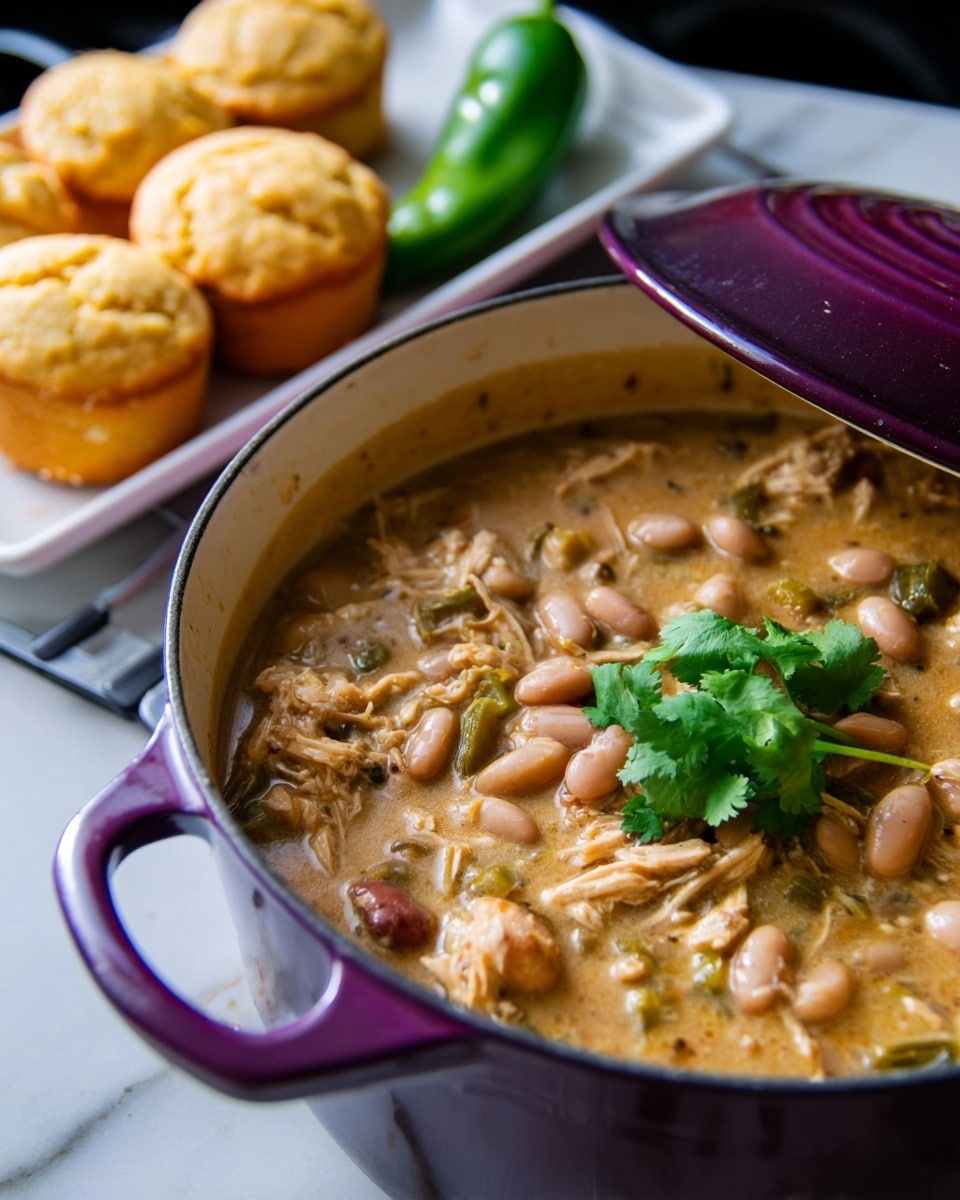 A deep white pot with a purple lid tilted back shows a thick stew made of white and red beans, green vegetable pieces, and small chunks of meat in a light brown broth. The stew fills most of the pot and is topped with a small bunch of fresh green cilantro leaves in the center. In the background, there is a white tray holding golden, round cornbread muffins with a soft texture and two green chilies resting on the tray. The pot sits on a stove with black grates and the whole scene is set on a white marbled surface. photo taken with an iphone --ar 4:5 --v 7