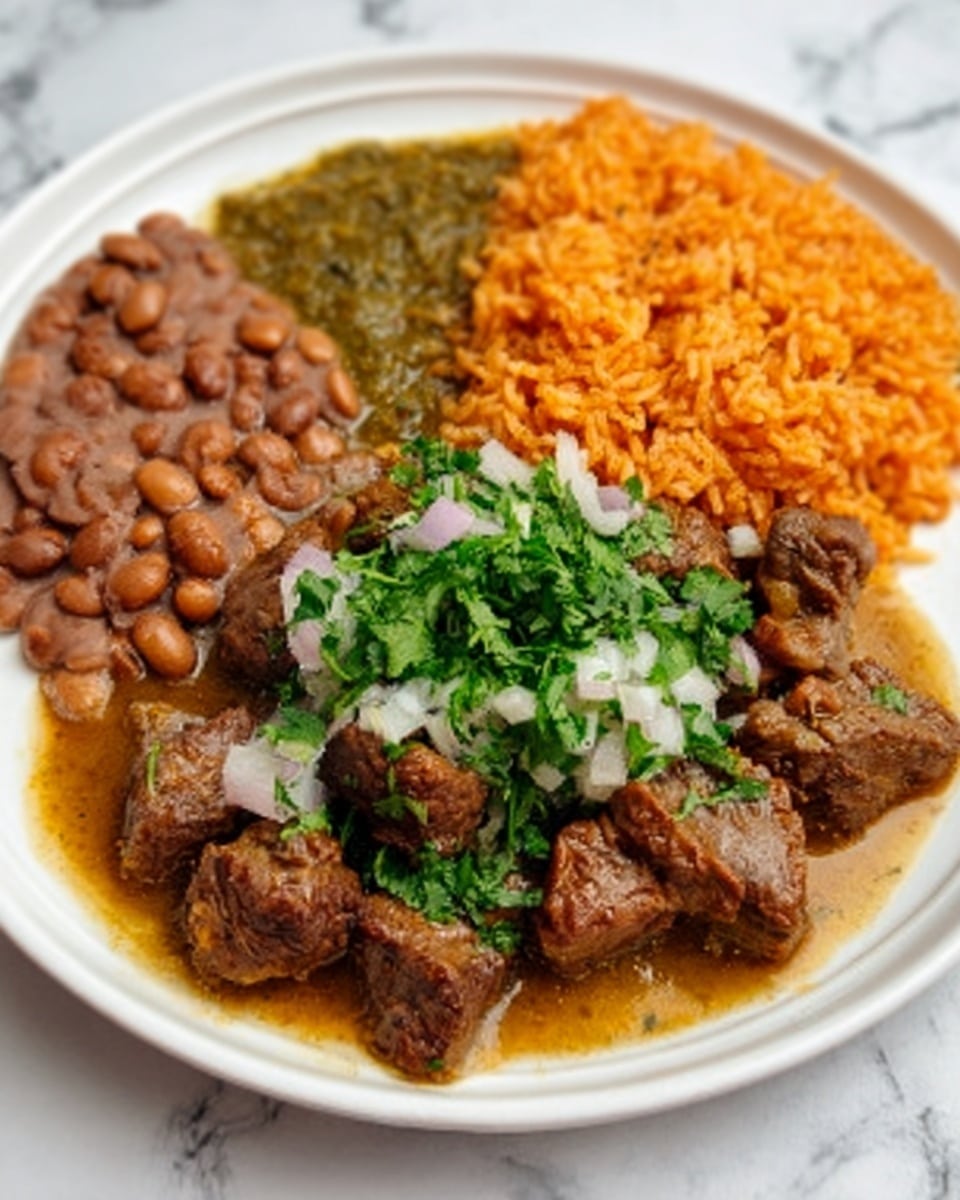 A white bowl with three main sections of food on a white marbled surface. One section contains brown beans cooked with a few visible green peppers and a textured sauce. Next to it is bright orange rice mixed with green lentils on top. The largest section holds pieces of brown meat in a rich brown sauce with a topping of finely chopped green herbs and small bits of white onion. The colors of the dish are warm and earthy, with a slightly oily surface on the meat’s sauce. The food looks hearty and well-cooked. Photo taken with an iphone --ar 4:5 --v 7