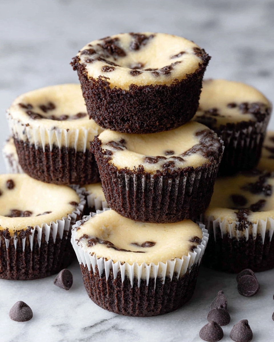 The image shows six cupcakes stacked closely together on a white marbled surface, each having two layers: a dark brown chocolate base with a rough texture and a lighter beige creamy top layer filled with small dark chocolate chips. The creamy layer has a smooth and slightly sunken center in each cupcake, creating a bowl-like appearance, with the chocolate base visible on the sides through a white paper liner. Scattered chocolate chips can be seen on the marbled surface around the cupcakes. photo taken with an iphone --ar 4:5 --v 7