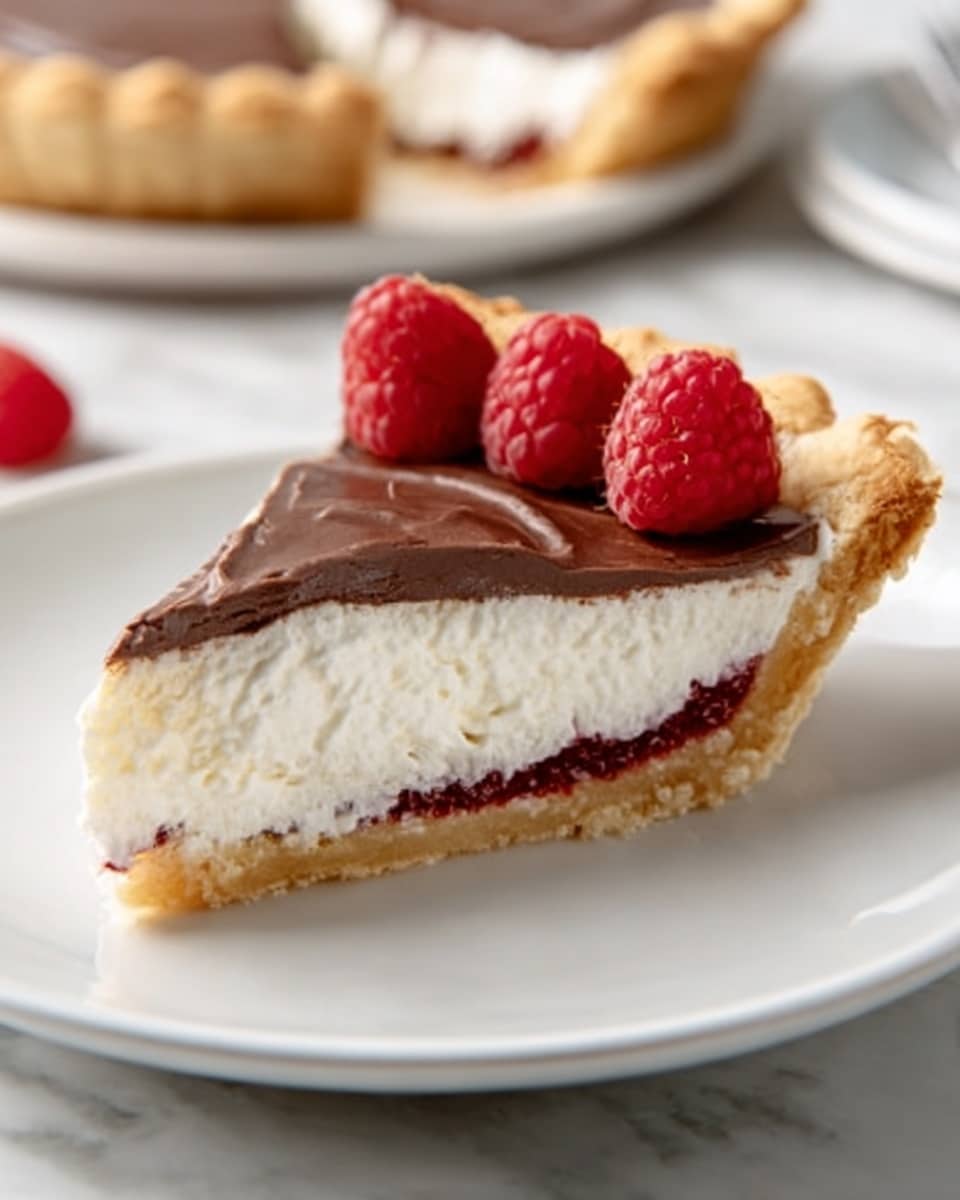 A single slice of pie with three clear layers is shown on a white plate, set on a white marbled surface. The bottom layer is a bright red berry filling with a smooth texture. The middle layer is a thick, creamy white filling that looks soft and rich. The top layer is a shiny, dark chocolate glaze spread evenly over the cream. The pie crust around the edge is golden brown and flaky, with a crimped edge. Three fresh raspberries sit on top of the chocolate layer, adding a touch of bright red color. The photo gives a clear and close view, focused on the slice. Photo taken with an iphone --ar 4:5 --v 7