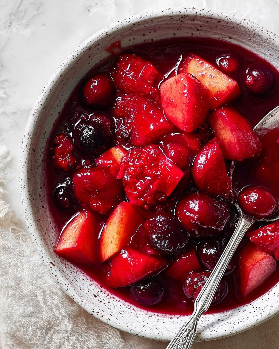 A close-up top view of a bowl filled with thick, deep red fruit compote that has visible chunks of apple and dark berries. The bowl is white with a light black speckled edge and sits on a white marbled surface. The compote is glossy and juicy, with its rich red syrup surrounding the fruit pieces. A light beige cloth napkin is placed beside the bowl. Photo taken with an iphone --ar 4:5 --v 7