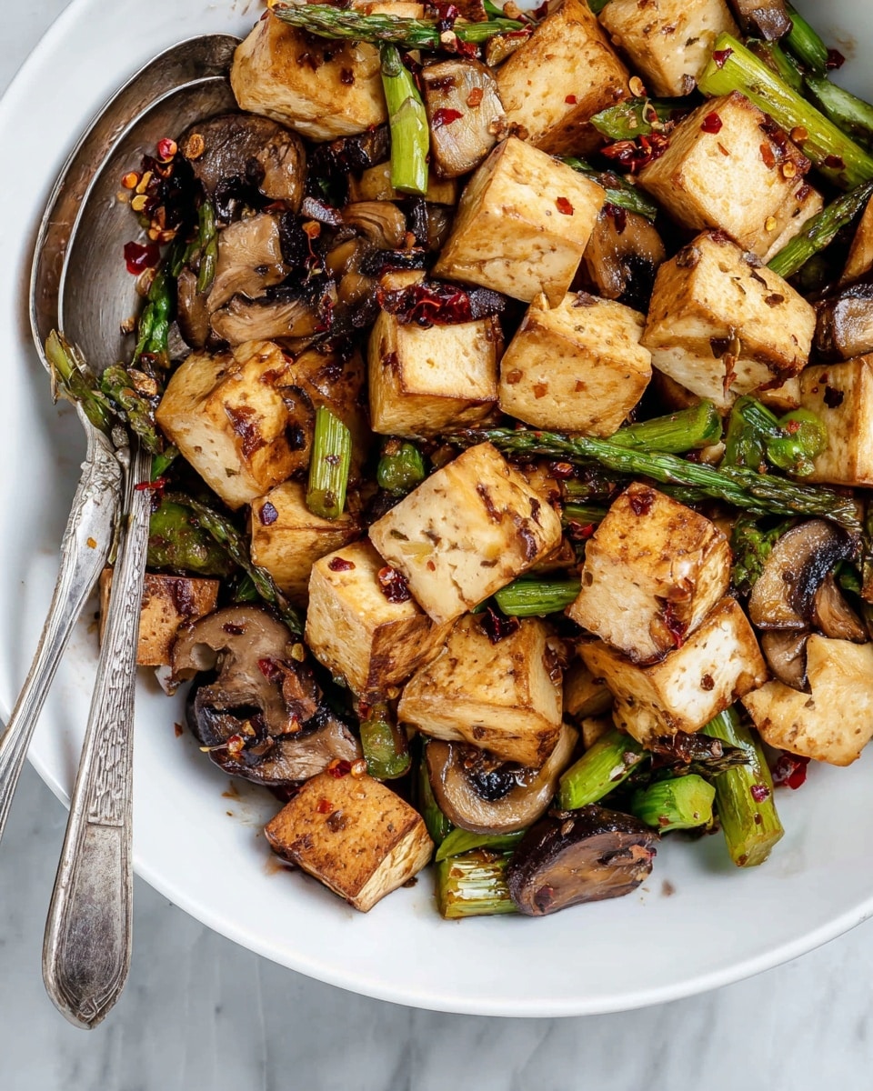 The dish is a close-up view of a white bowl filled with golden-brown crispy tofu cubes layered with bright green asparagus pieces and dark, slightly charred mushroom slices. The tofu pieces have a lightly browned crust and are scattered evenly throughout the bowl. The asparagus and mushrooms add varied shapes and textures, with the green and brown colors contrasting well. A silver spoon and fork rest inside the bowl on the right side, partially under the tofu and vegetables. The bowl sits on a white marbled surface, and a few small pieces of red chili flakes are visible near the bowl. Photo taken with an iphone --ar 4:5 --v 7