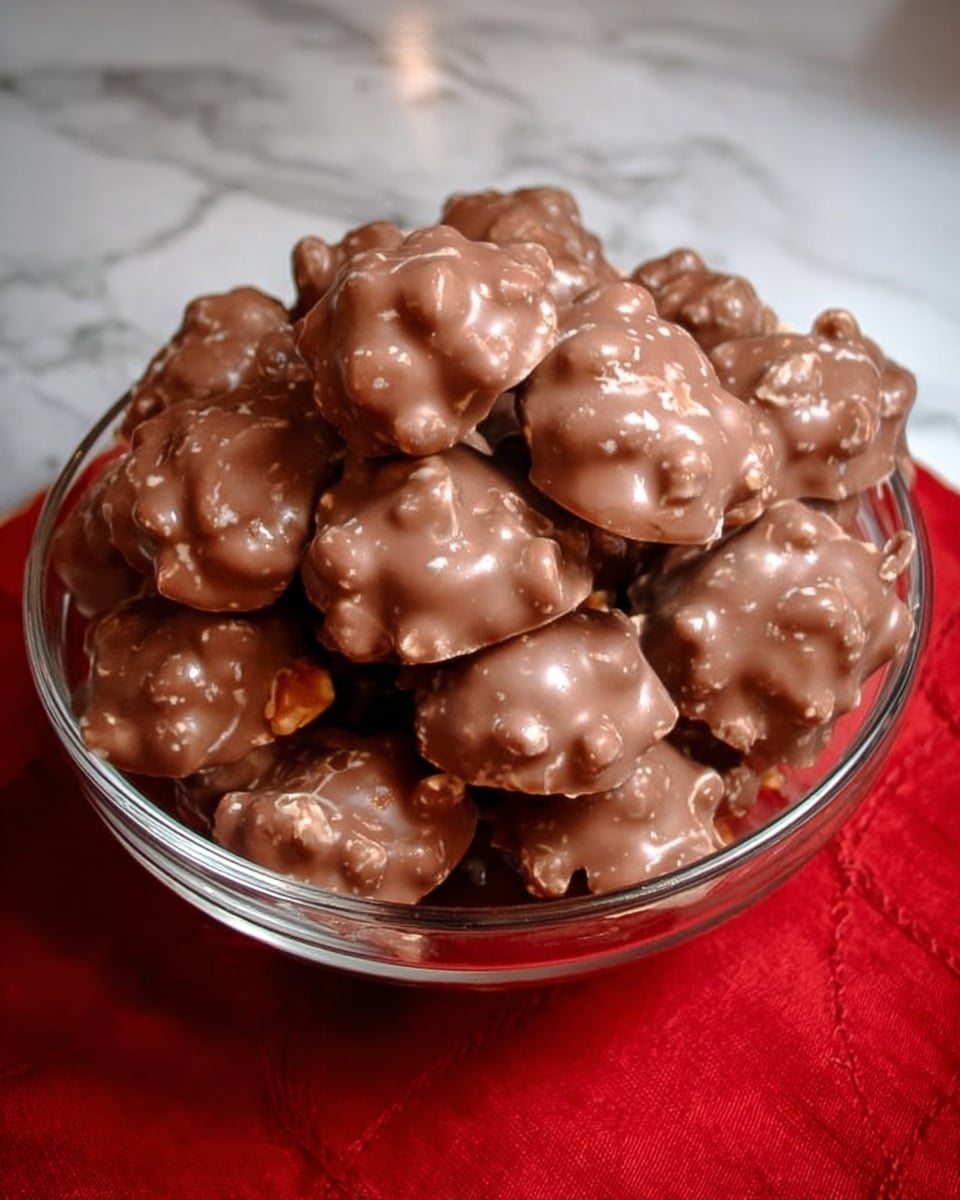 A clear glass bowl filled with several irregularly shaped clusters of milk chocolate-covered nuts. Each cluster is shiny with a smooth milk chocolate coating, showing the bumpy texture of the nuts inside. The glass bowl is placed on a red cloth, but the background is changed to a white marbled texture. The overall look is warm and inviting with rich brown tones of the chocolate standing out clearly. photo taken with an iphone --ar 4:5 --v 7