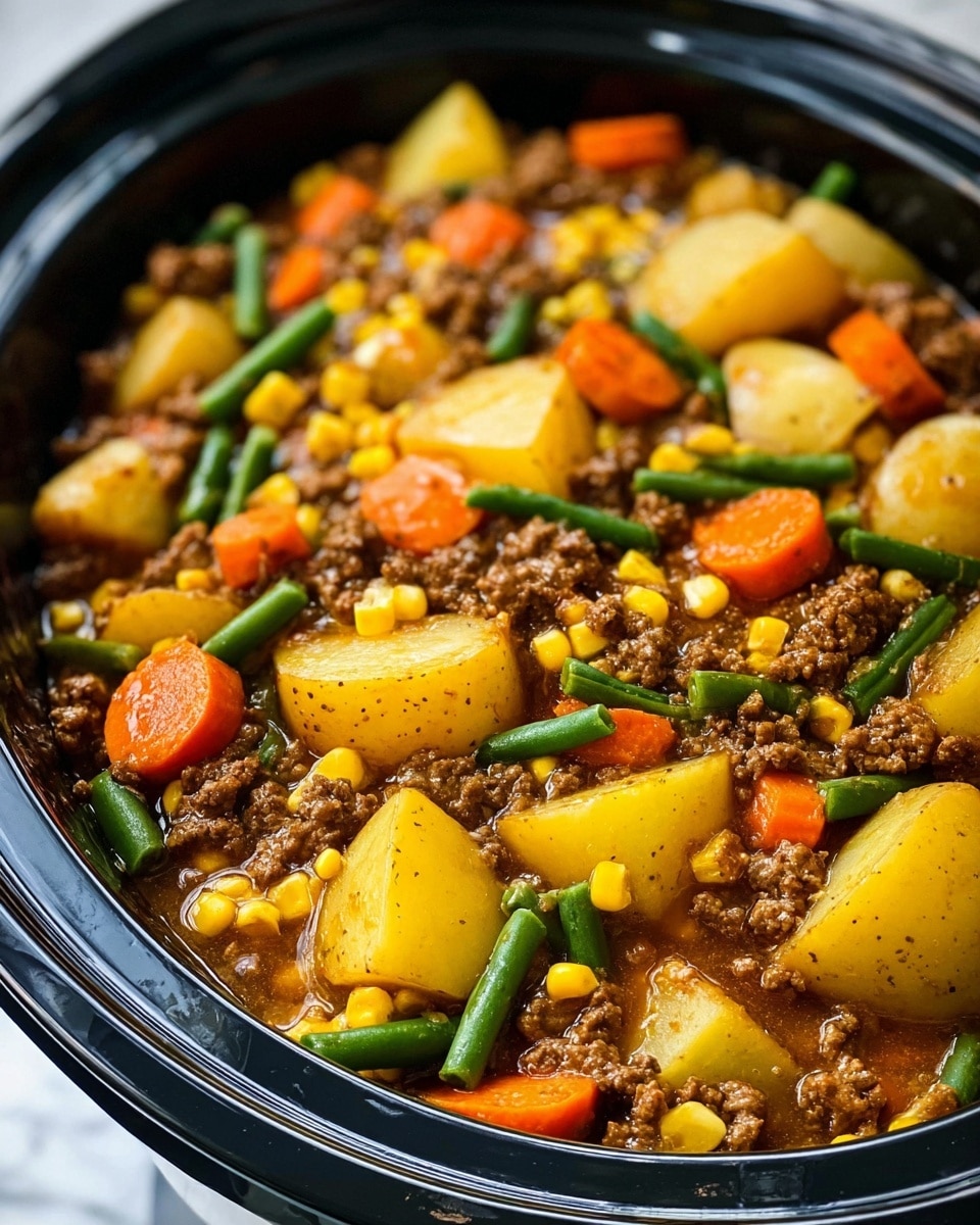 A close-up of a black slow cooker filled with a hearty stew, showing several layers of food: large chunks of light yellow potatoes with skins on, bright yellow corn kernels, green beans cut in small pieces, small diced orange carrots, and browned ground meat mixed with a light brown sauce, all mixed evenly throughout. The stew looks thick and fresh, filling the cooker almost to the top, set on a white marbled surface. photo taken with an iphone --ar 4:5 --v 7