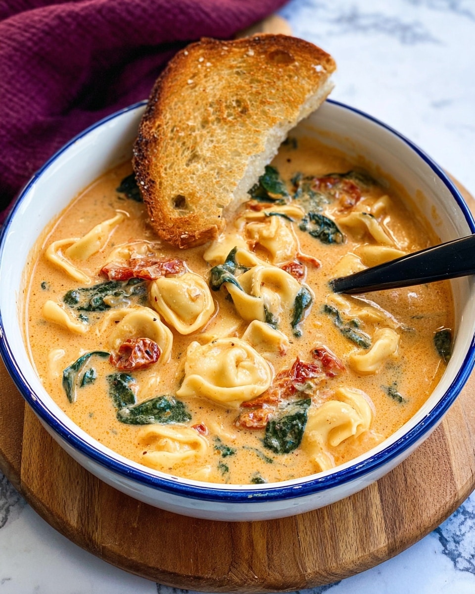 A bowl with a thick creamy orange soup filled with tortellini pasta, pieces of spinach, and small chunks of red sun-dried tomatoes. The soup has a smooth texture with visible herbs, and the pasta is soft yellow with curved shapes. A large piece of toasted golden brown bread is placed on the right edge of the bowl, partially dipped in the soup. A black spoon is inside the bowl on the right side, resting in the soup. The bowl is white with a blue rim, set on a wooden board with a white marbled texture background and a purple cloth visible at the top. Photo taken with an iphone --ar 4:5 --v 7