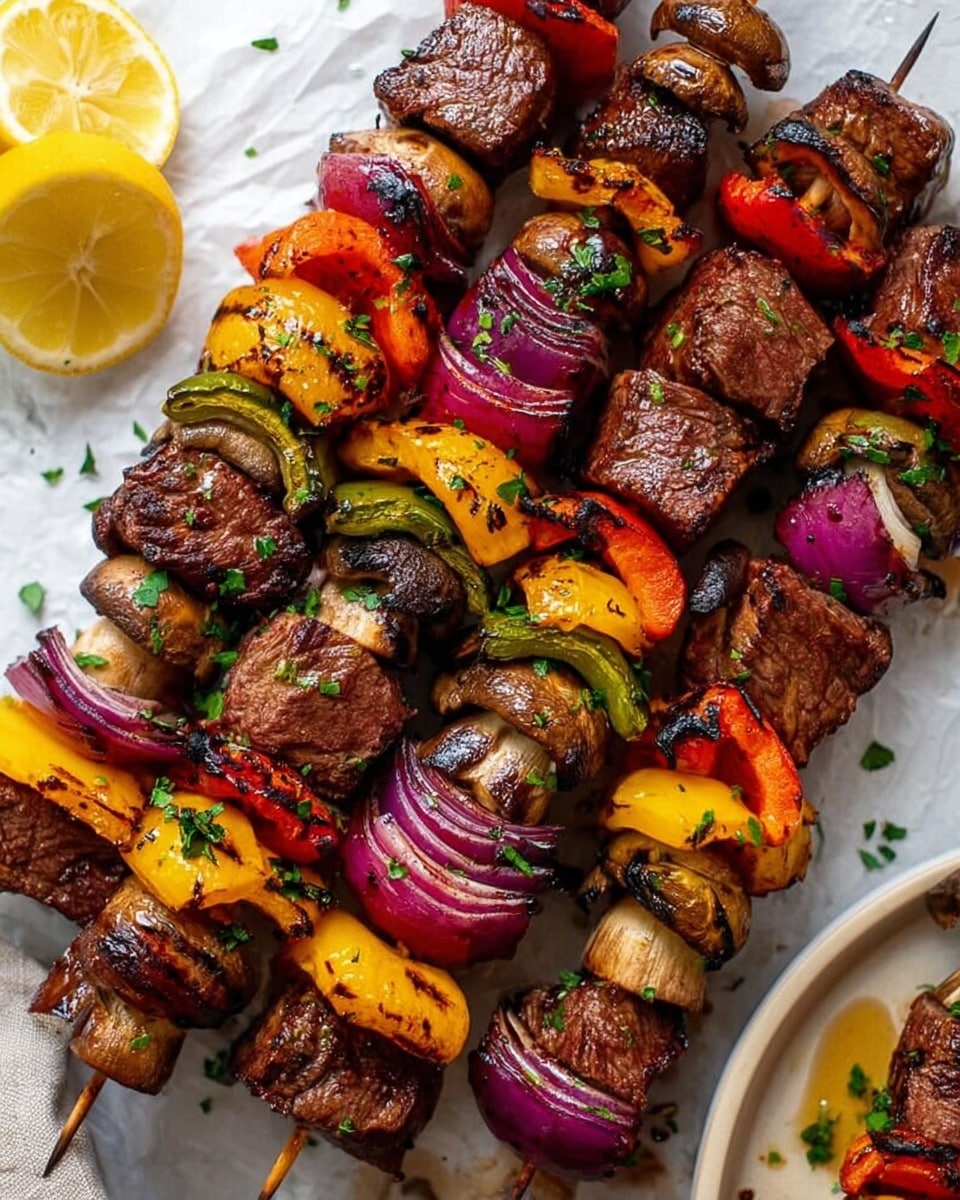 The image shows several grilled beef and vegetable skewers arranged on a white marbled surface lined with parchment paper. Each skewer has multiple layers, starting with thick brown grilled beef pieces that have a slightly charred texture. Between the beef pieces are colorful layers of vegetables including red and yellow bell peppers, purple onions with glossy edges, and brown mushrooms with a slight char. The skewers are closely packed, highlighting the contrast of deep browns with bright reds, yellows, and purples. Two lemon wedges with a light yellow color sit on the white marbled background near the bottom left. A woman's hand is not visible, and a white plate with more skewers is partially shown on the bottom right. Small green herb bits sprinkle around the skewers for a fresh touch. Photo taken with an iphone --ar 4:5 --v 7