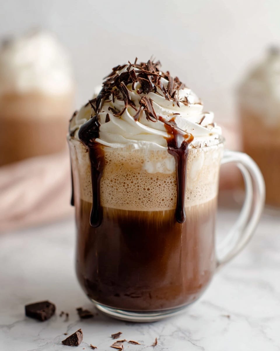 A clear glass mug contains a three-layer drink on a white marbled surface; the bottom layer is dark brown, the middle layer is a lighter creamy brown with frothy bubbles, and the top layer is a thick swirl of white whipped cream. Rich dark chocolate syrup drips down from the whipped cream, with some chocolate shavings scattered on top and a few pieces around the base of the mug. The glass handle is visible on the right side, and blurred similar drinks appear in the soft background. photo taken with an iphone --ar 4:5 --v 7