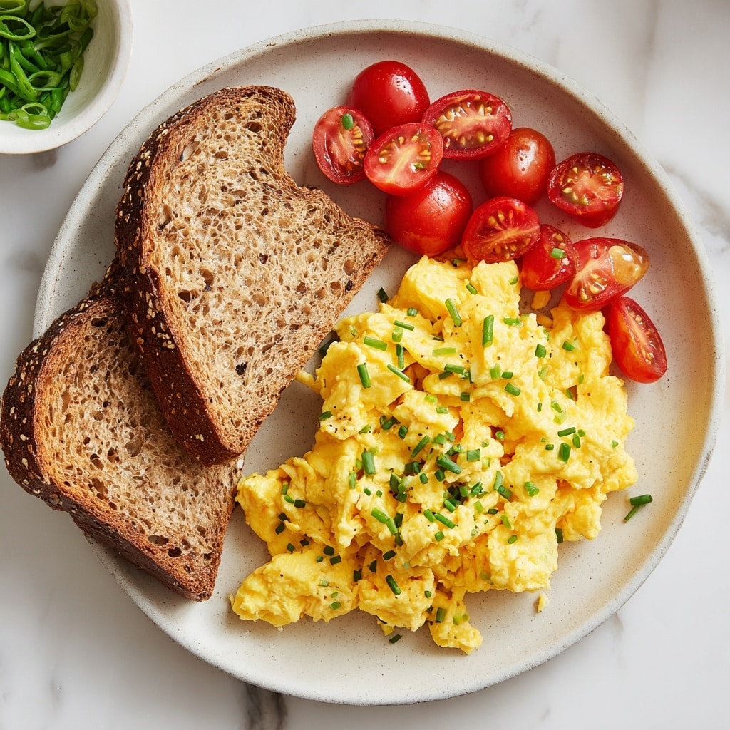 A white plate holds three main parts arranged side by side: two pieces of toasted multigrain bread with a light brown, crispy texture on the left, a large serving of creamy yellow scrambled eggs garnished with small green chive pieces in the middle, and a pile of bright red cherry tomatoes cut in halves on the right. The plate sits on a white marbled surface, and a small white bowl of chopped chives is visible in the top left corner. photo taken with an iphone --ar 4:5 --v 7