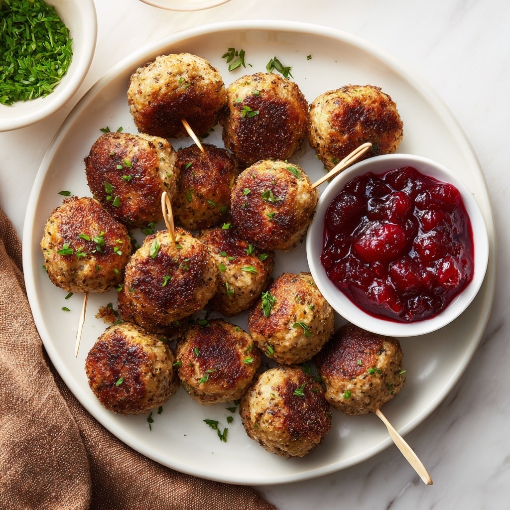 A white textured plate holds about fifteen small, round, golden-brown meatballs coated with a crispy, grainy crust, each pierced with a small wooden toothpick. The meatballs are sprinkled with finely chopped green herbs. On the right side of the plate, there is a small white bowl filled with thick, glossy red cranberry sauce, showing some whole and mashed cranberry pieces. In the top left corner of the image, part of another white bowl with green chopped herbs is visible. The plate is set on a light surface with a white marbled texture, with a soft brown cloth napkin at the bottom left side. photo taken with an iphone --ar 4:5 --v 7