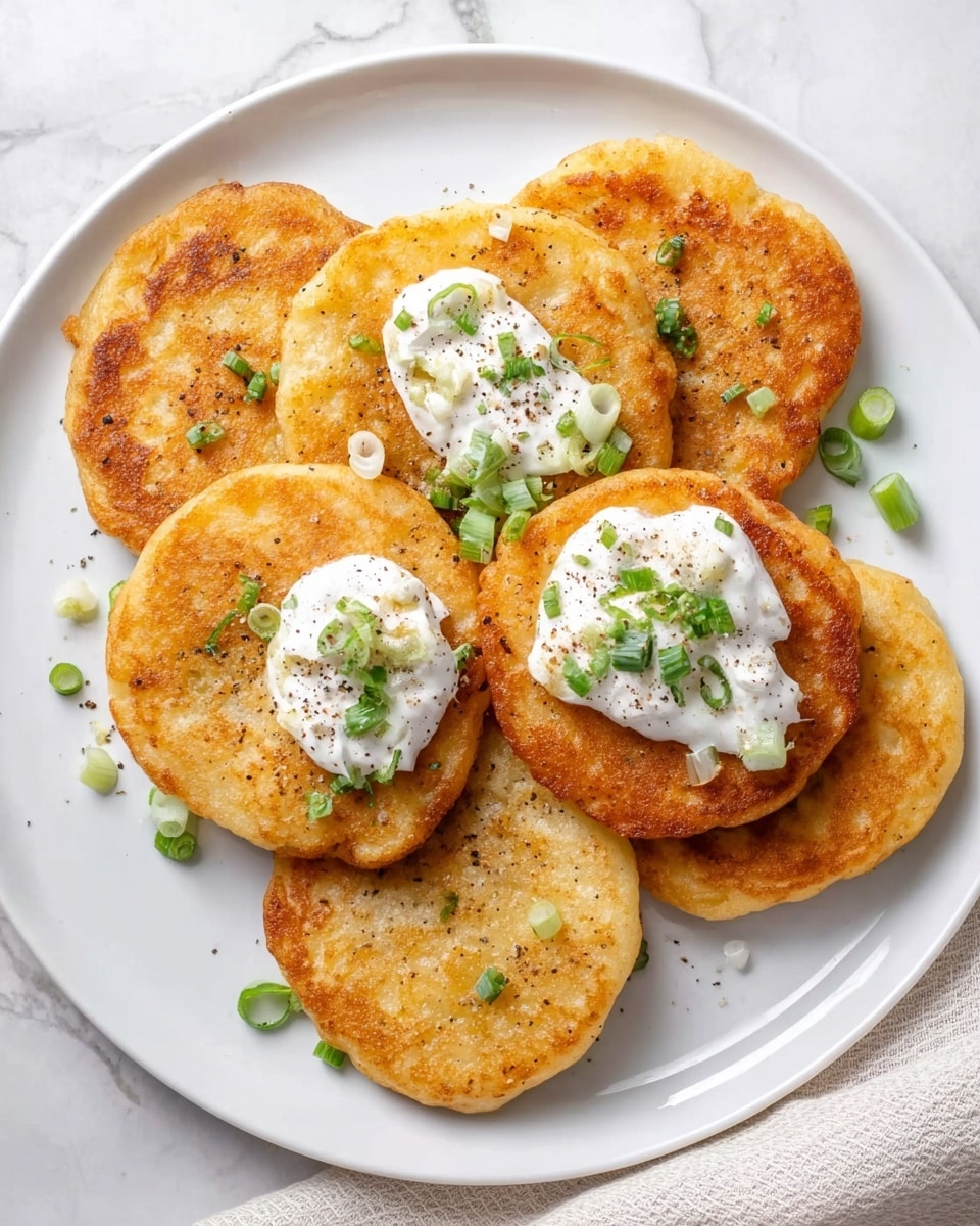 A white plate holds six golden-brown pancakes, each with a crispy texture and slightly uneven, round edges. Two pancakes near the center have a dollop of white sour cream on top, sprinkled with finely chopped green onions. More green onion pieces are scattered across the pancakes and plate. The plate sits on a white marbled surface, and a beige cloth is placed to the right side. In the upper left corner, a white bowl with extra sour cream is partially visible. photo taken with an iphone --ar 4:5 --v 7