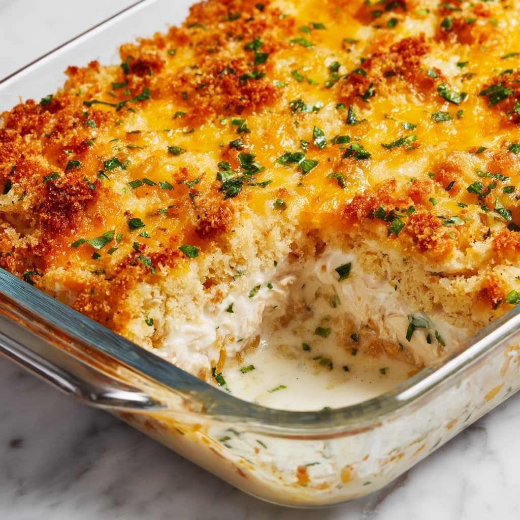 The image shows a close-up of a baked casserole in a clear glass rectangular dish with a handle. The casserole has a textured, golden-brown top layer of melted cheese and crispy brown breadcrumbs sprinkled with chopped green herbs. Underneath the top layer, there is a visible second layer of light tan, fluffy cauliflower florets mixed with pieces of cooked chicken. The casserole is set on a white marbled surface with a soft blurred background. Photo taken with an iphone --ar 4:5 --v 7
