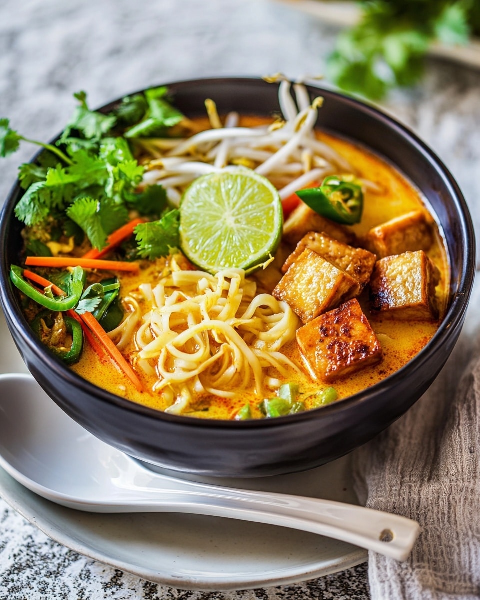 A close-up of a bowl filled with yellow noodles sitting in a golden broth. There are light yellow chickpeas placed on top, along with bright green leafy herbs scattered over the noodles. The bowl is white with a rough texture and is placed on a white marbled surface. The broth looks smooth and slightly shiny, making the colors of the noodles and herbs stand out vividly. Photo taken with an iphone --ar 4:5 --v 7