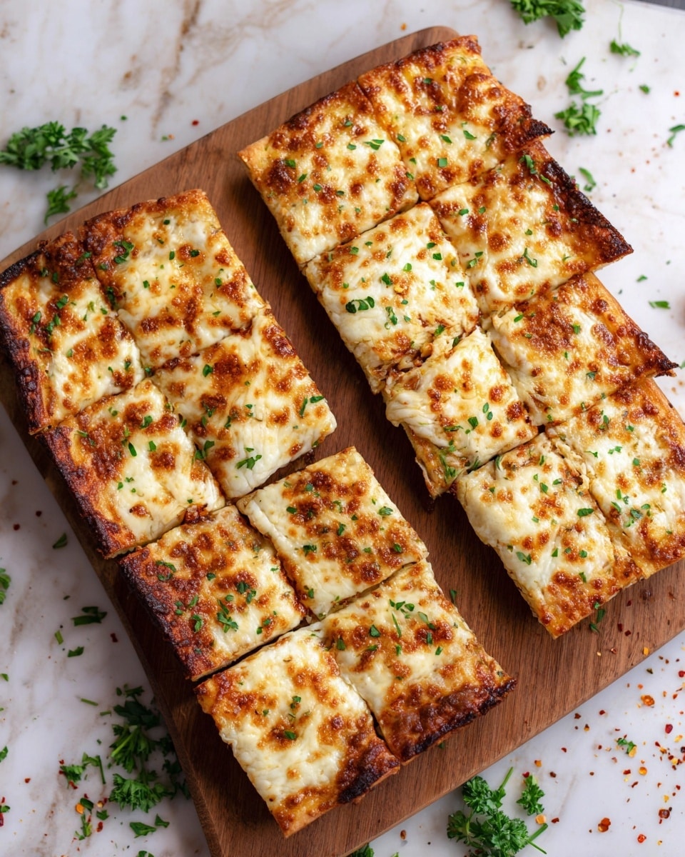 The image shows a thick square pizza cut into smaller triangular and rectangular slices placed on a wooden board. The pizza has one main layer of golden brown melted cheese on top with some melted spots that are darker and crispier. Underneath the cheese, the crust looks thick and slightly burnt around the edges, showing a dark brown color. There are small green parsley pieces sprinkled evenly over the cheese. The wooden board sits on a white marbled surface with some scattered pieces of parsley and red pepper flakes around. photo taken with an iphone --ar 4:5 --v 7