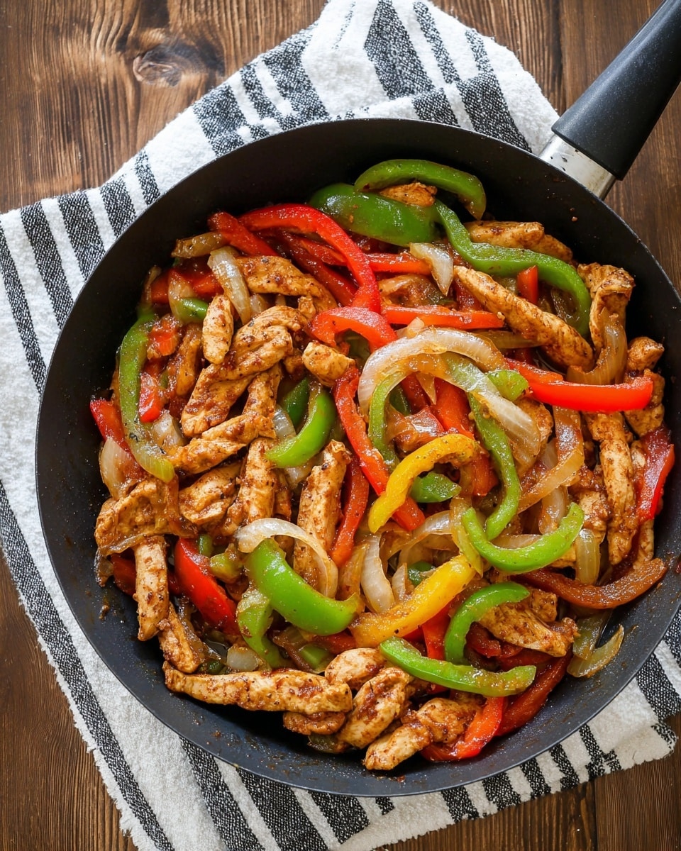 A black pan filled with a colorful mix of cooked food showing three main layers: tender beige-brown strips of chicken, thin slices of green bell peppers, and bright red bell pepper strips, all mixed with slightly translucent white onion slices. The chicken pieces have a slightly crispy, spiced outer texture, richly browned, contrasting with the shiny, soft vegetables. The pan sits on top of a white plate with a black and white striped cloth beneath, all placed on a white marbled surface. photo taken with an iphone --ar 4:5 --v 7