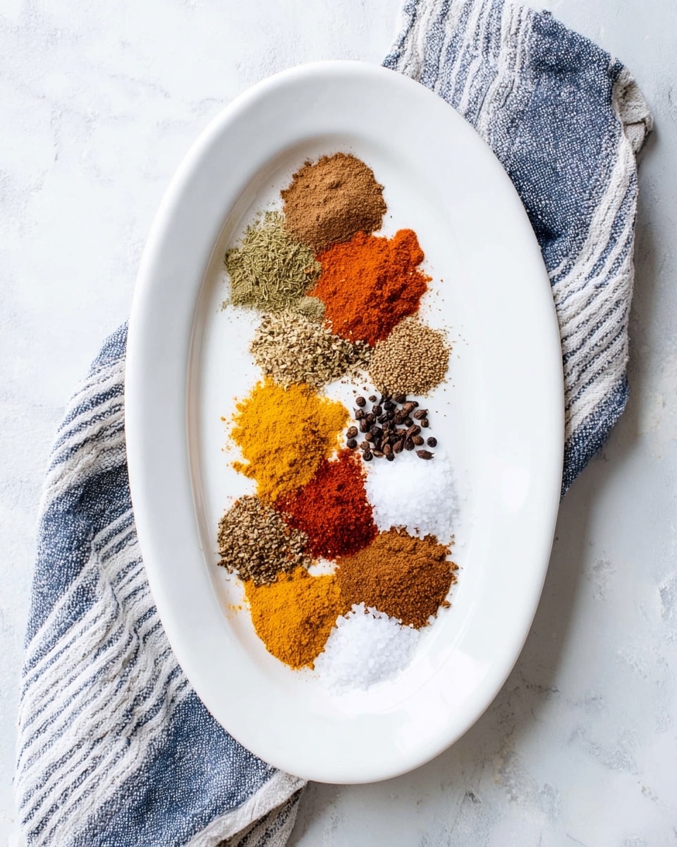 An oval white plate sits on a white marbled surface with a folded blue and white striped cloth beneath it. The plate holds 11 small piles of different spices arranged loosely in a curved line. Starting from the top left are light brown powder, greenish-brown powder, bright orange powder, yellow powder, a mix of black and white coarse grains, a tiny bright red powder, cinnamon brown powder, dark small pieces resembling cloves, a light tan powder, medium brown powder, and a small pile of white salt. Each pile has a distinct color and texture, creating a colorful and textured display of spices on the plate. photo taken with an iphone --ar 4:5 --v 7