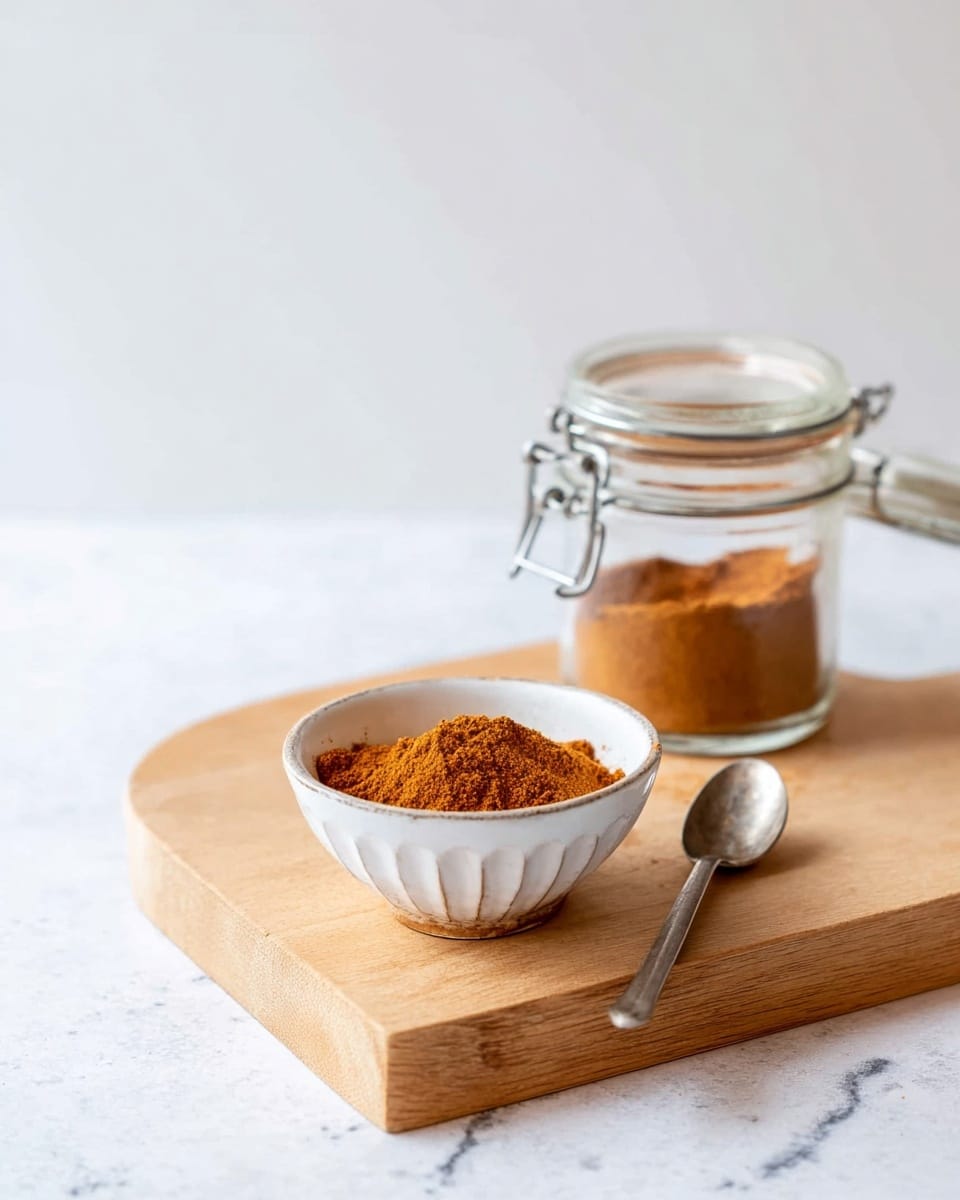 A small white bowl sits on a light wooden board, filled with a pile of orange-brown powder. Behind the bowl, there is a clear glass jar with a metal clamp lid, also containing the same orange-brown powder. A silver spoon lies flat on the wooden board between the bowl and the jar. The entire setup is on a white marbled surface with a plain light background. photo taken with an iphone --ar 4:5 --v 7