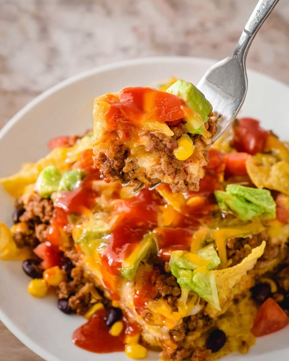A white plate holds a layered dish with a base of ground beef and black beans mixed with bright yellow corn pieces, creating a coarse texture. On top, there are slices of avocado with smooth, green flesh, and crispy light yellow tortilla chips. The layers are garnished with shredded cheddar cheese in orange and melted cheese blending into the mix. A thick, red sauce is drizzled over the top, adding shine and moisture. A fork lifts a bite showing all layers close up against a white marbled texture background. Photo taken with an iphone --ar 4:5 --v 7