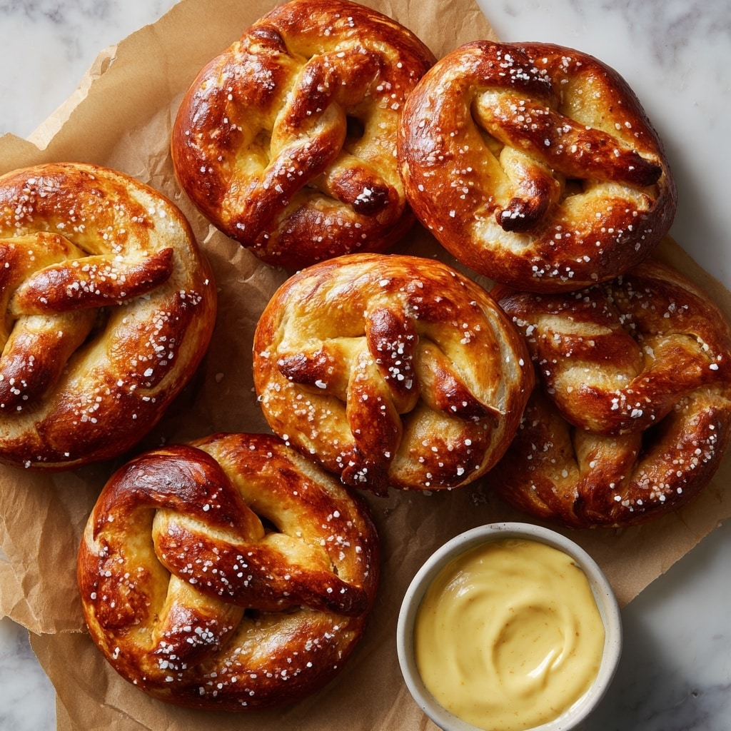 The image shows several golden-brown soft pretzels arranged closely on a sheet of brown parchment paper over a white marbled surface. Each pretzel has a shiny, smooth crust with a twisted knot shape and is sprinkled with coarse white salt for texture. On the lower right side, there is a small white bowl filled with creamy yellow mustard sauce, which is smooth with a slight swirl on top. The colors are warm and inviting, with the crisp, browned edges of the pretzels contrasting the softer, lighter interior dough visible where the twists overlap. photo taken with an iphone --ar 4:5 --v 7